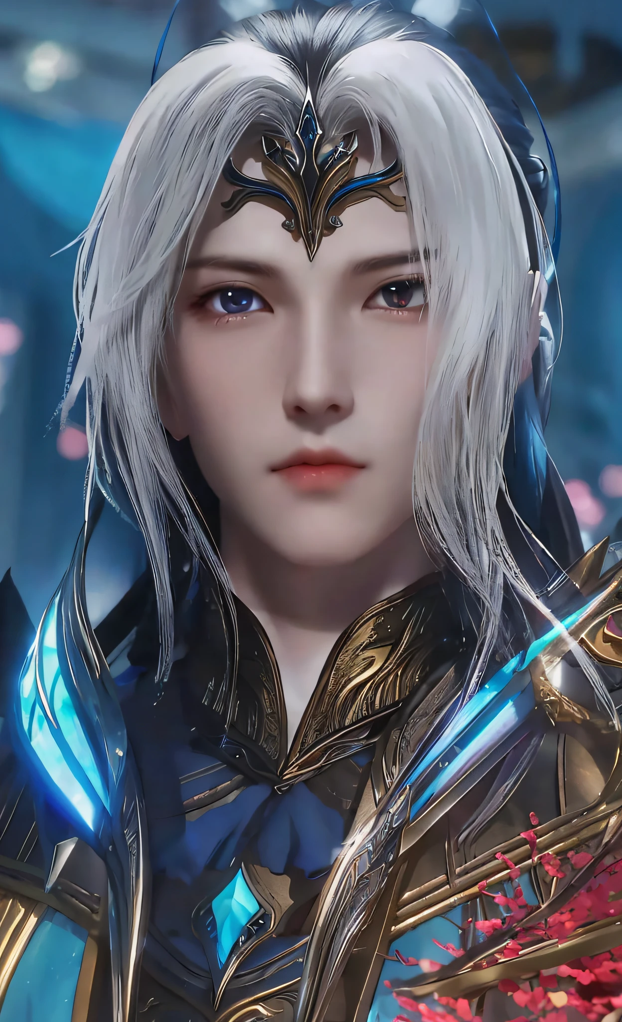 a close up of a person with a white hair and a sword, lineage 2 revolution style, heise jinyao, loong, beautiful androgynous prince, zhao yun, from lineage 2, elven character with smirk, a portrait of a male elf, beautiful male elf, shadowbringers cinematic, a male elf