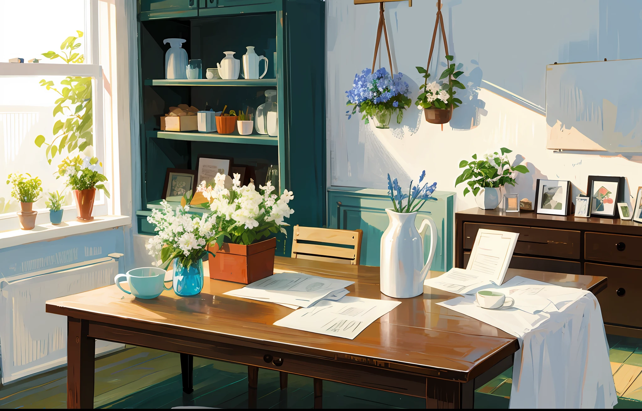 On the wooden table top there is a white vase with several flowers