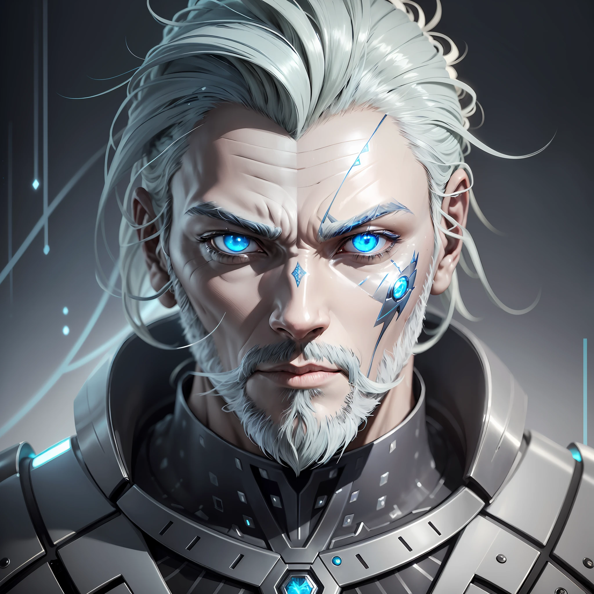 Design an avatar that combines human and mechanical characteristics, creating a unique cyborg appearance. The avatar has a metallic silver skin with subtle textures, merging organic and technological elements. Half of the face displays aged human skin with wrinkles, while the other half displays cybernetic components and metallic details. The eyes are bright and luminous, one with blue-gray human iris and the other with green digital iris. Gray hair and well-groomed beard give a touch of wisdom and maturity. The avatar's expression is serious and mysterious, combining human traits with mechanical elements, and the cybernetic part of the face features smooth 8K ulta realistic geometric lines --auto --s2