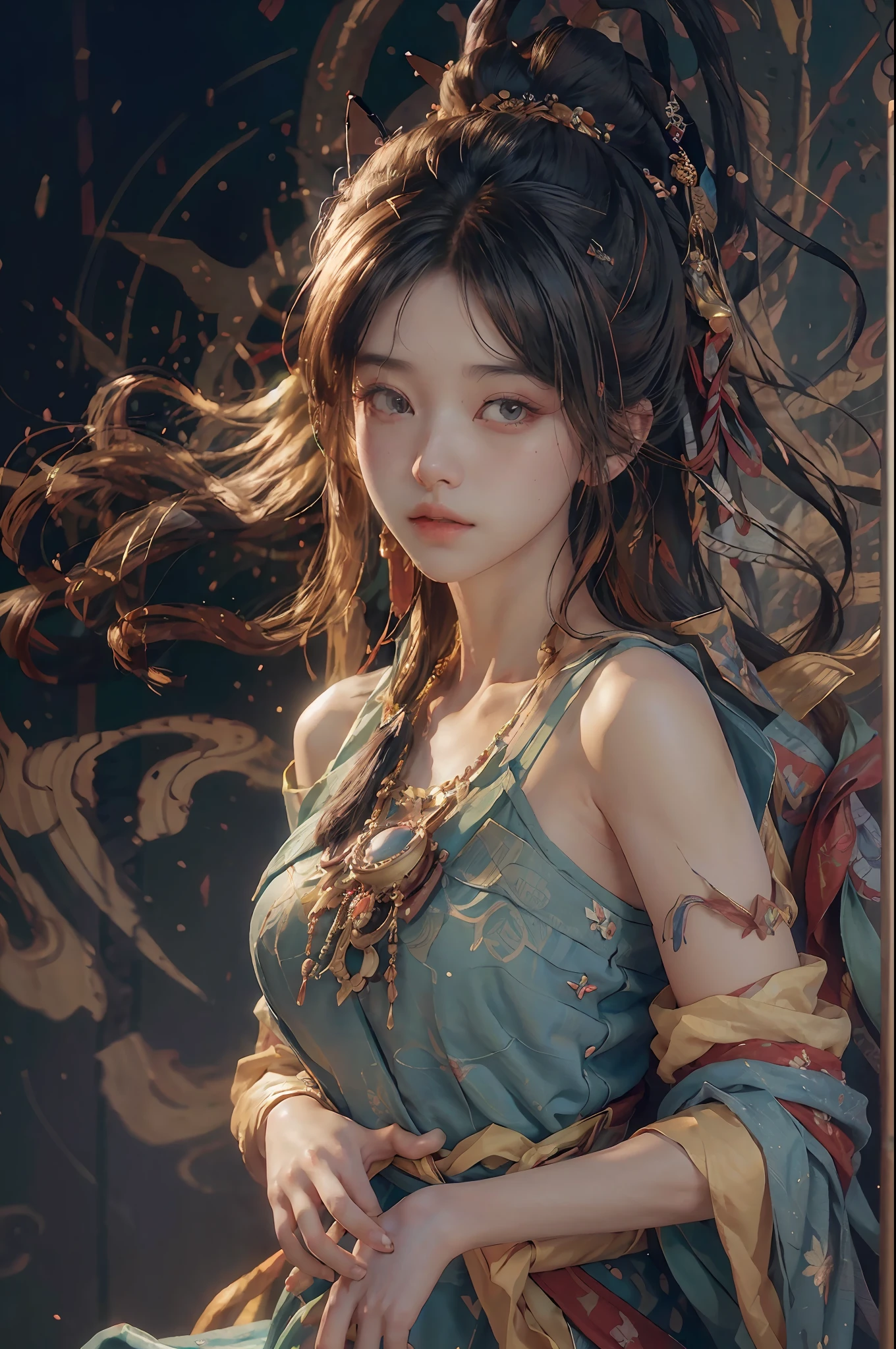 (RAW photo, best quality), (realistic, photo-realistic:1.3),best quality,highly detailed,masterpiece,ultra-detailed,illustration,1girl,upper_body,dynamic angle,world masterpiece theater,messy_long_hair,best quality,extremely detailed CG unity 8k wallpaper,ink,Amazing,cinematic lighting,lens_flare, dunhuang_style