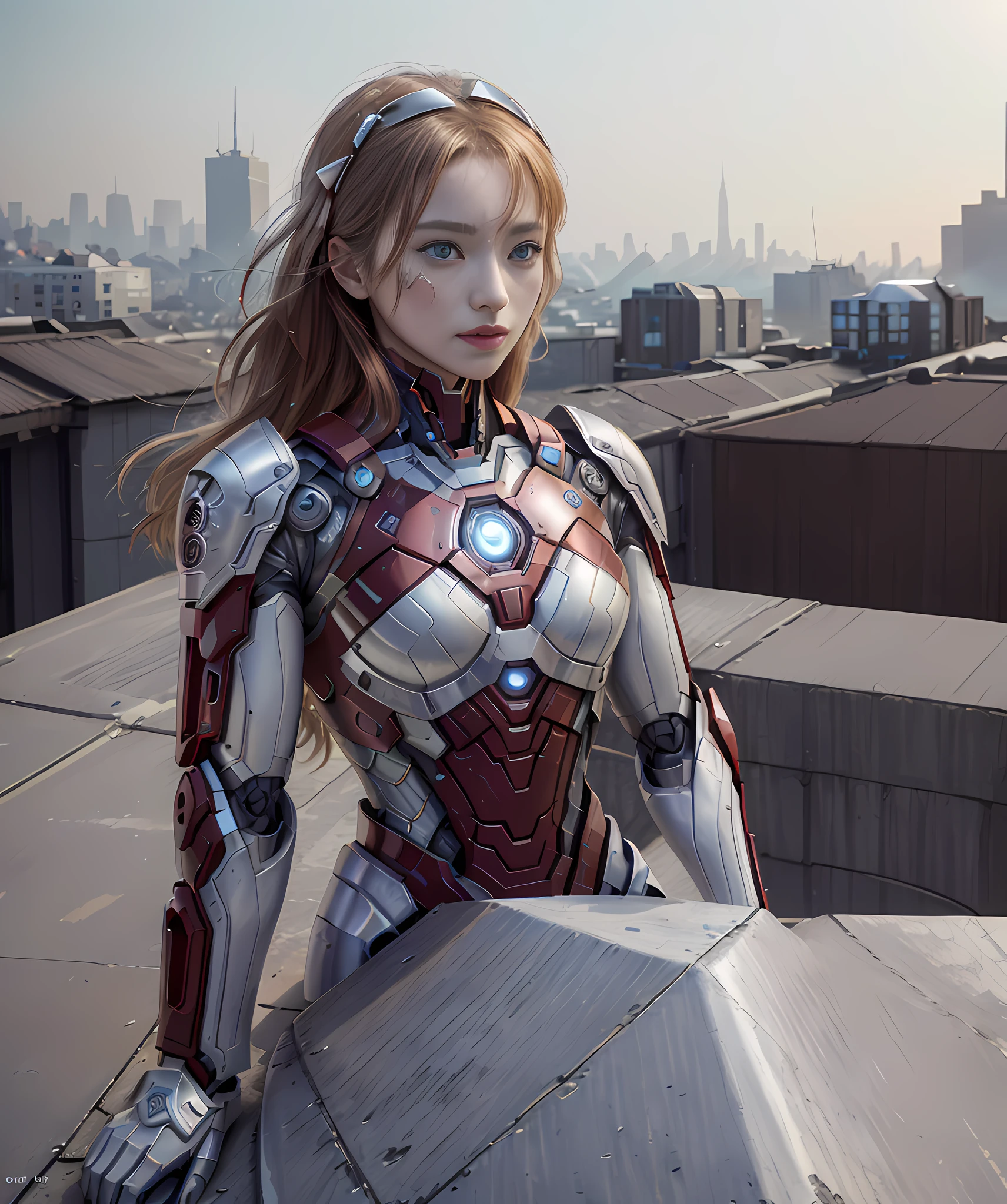 (1girl:1.3), Solo, (((Very detailed face)))), ((Very detailed eyes and face)))), Beautiful detail eyes, Body parts__, Official art, Unified 8k wallpaper, Super detailed, beautiful and beautiful, beautiful, masterpiece, best quality, original, masterpiece, super fine photo, best quality, super high resolution, realistic realism, sunlight, full body portrait, amazing beauty, dynamic pose, delicate face, vibrant eyes, (from the front), She wears an Iron Man suit, red and gold color scheme, very detailed city roof background, rooftop, overlooking the city, detailed face, detailed complex busy background, messy, gorgeous, milky white, highly detailed skin, realistic skin details, visible pores, clear focus, volumetric fog, 8k uhd, DSLR camera, high quality, film grain, fair skin, photo realism, lomography, futuristic dystopian megalopolis, translucent