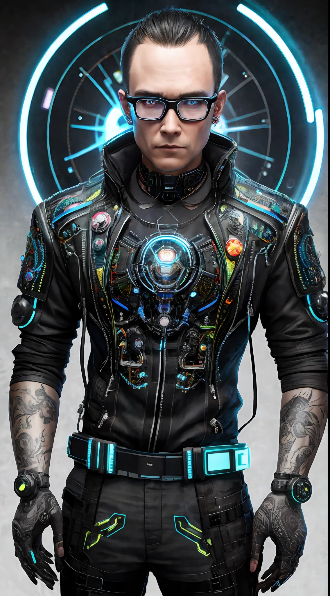 Complex 3d rendering ultra-detailed cyberpunk style, simulating 150mm shot, neon skin lines, colorful details, piercings, Art Nouveau fashion embroidery, intricate details, facial muscles, microchips, surreal, ultra-detailed, octane rendering, robotic arm, mechanical, glasses, black back, short hair, male, man, front standing, white jacket, movie light effects, middle aged, 35 years old, round face, solid color background, gray background