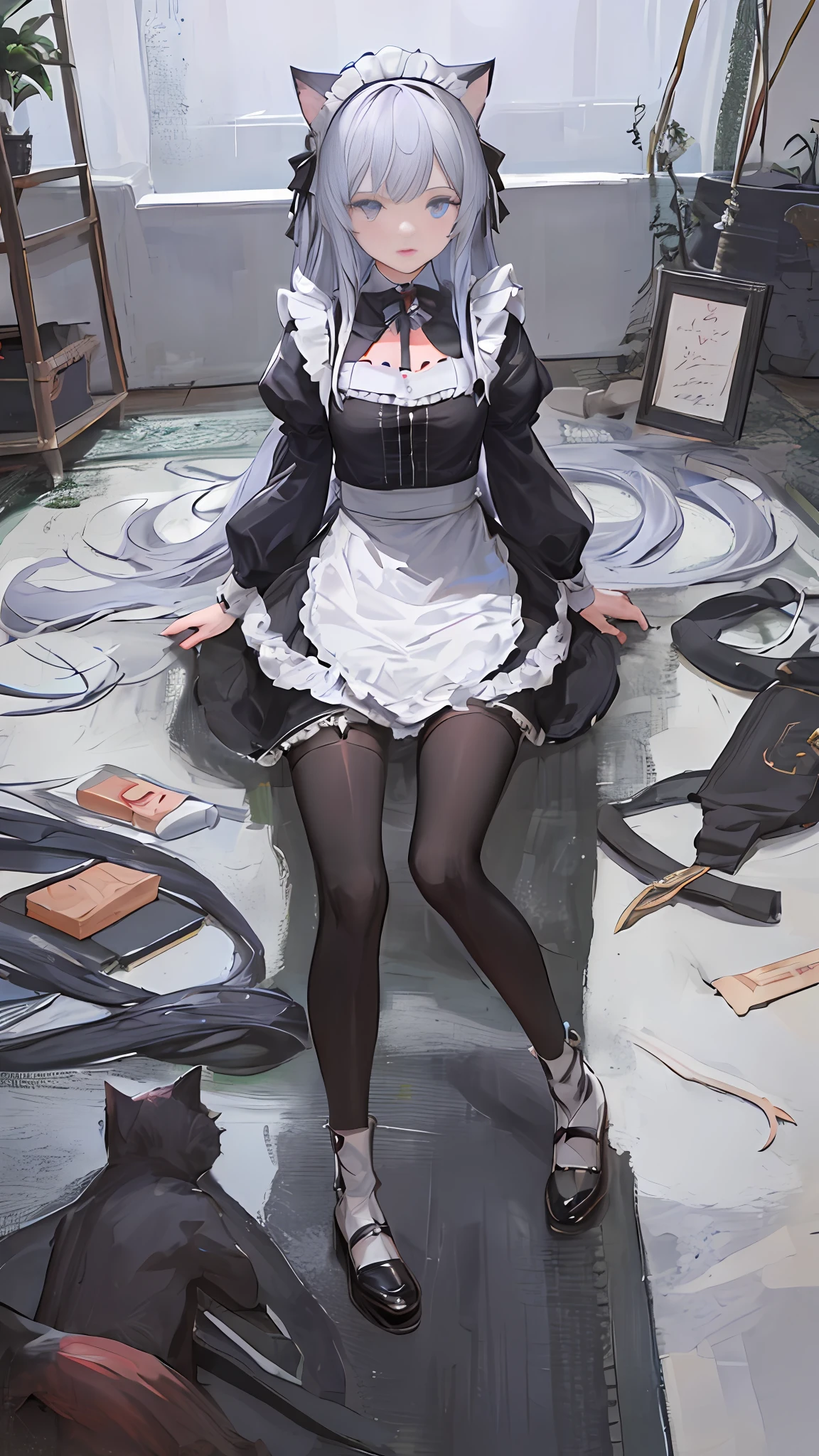 ((masterpiece, best quality))1girl, cat ears, cat lady, full body, blue eyes, long hair, silver hair, (maid sister: 1.3), (black stockings: 1.3),