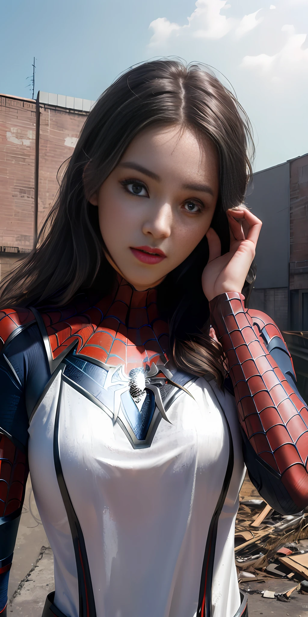 (1girl:1.3), solo, (((extremely detailed face))),(((extremely detailed eyes and face))),beautiful detailed eyes,body-parts__, official art, unified 8k wallpaper, super detailed, beautiful and aesthetic, beautiful, masterpiece, best quality, raw, masterpiece, super fine photo, best quality, super high resolution, photorealistic realism, sunlight, full body portrait, amazing beauty,, dynamic pose, delicate face, vibrant eyes, (from the front), she is wearing a Spider-man suit, red and black color scheme, spider, very detailed abandoned warehouse background, Detailed face, detailed complex busy background, messy, gorgeous, milky white, highly detailed skin, realistic skin details, visible pores, sharp focus, volumetric fog, 8k uhd, DSLR, high quality, film grain, fair skin, photo realism, lomography, huge metropolis in future dystopia, seen from below, translucent