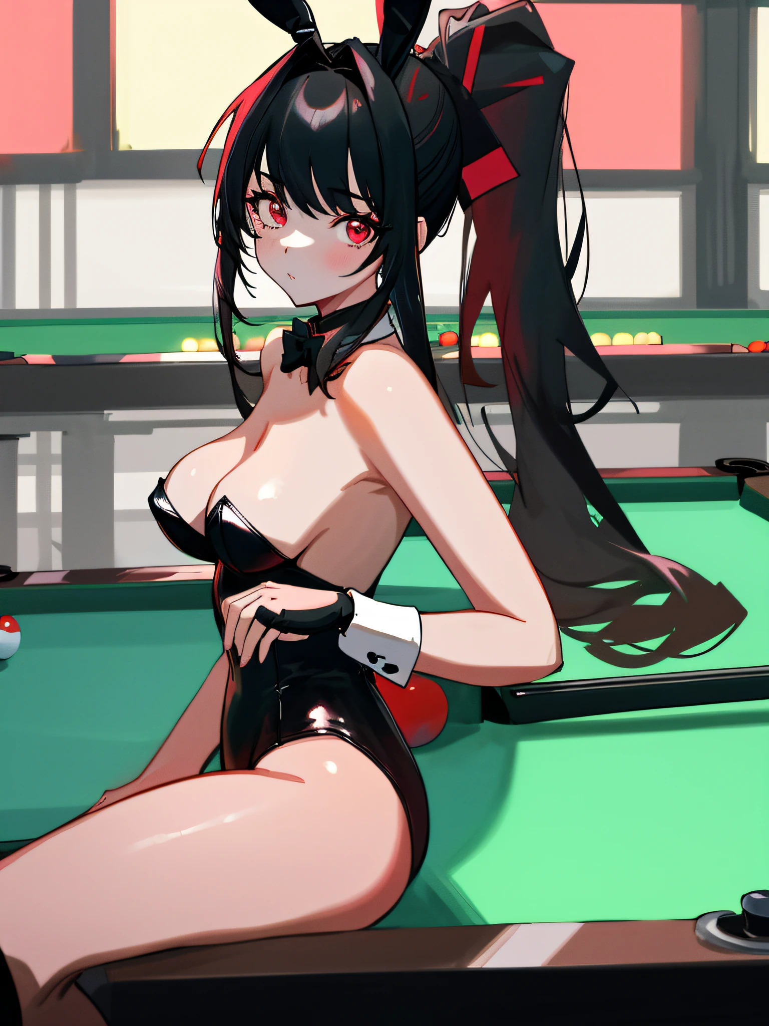 (masterpiece, best quality, absurdres), 1girl, solo, solofocus, black hair, long hair, cyberpunk, neon lights, day, sunlight, cityscape, red eyes, american flag, super closeup, japanese flag, indoors, pool table, playboy bunny, black bunny outfit, medium breasts, ponytail