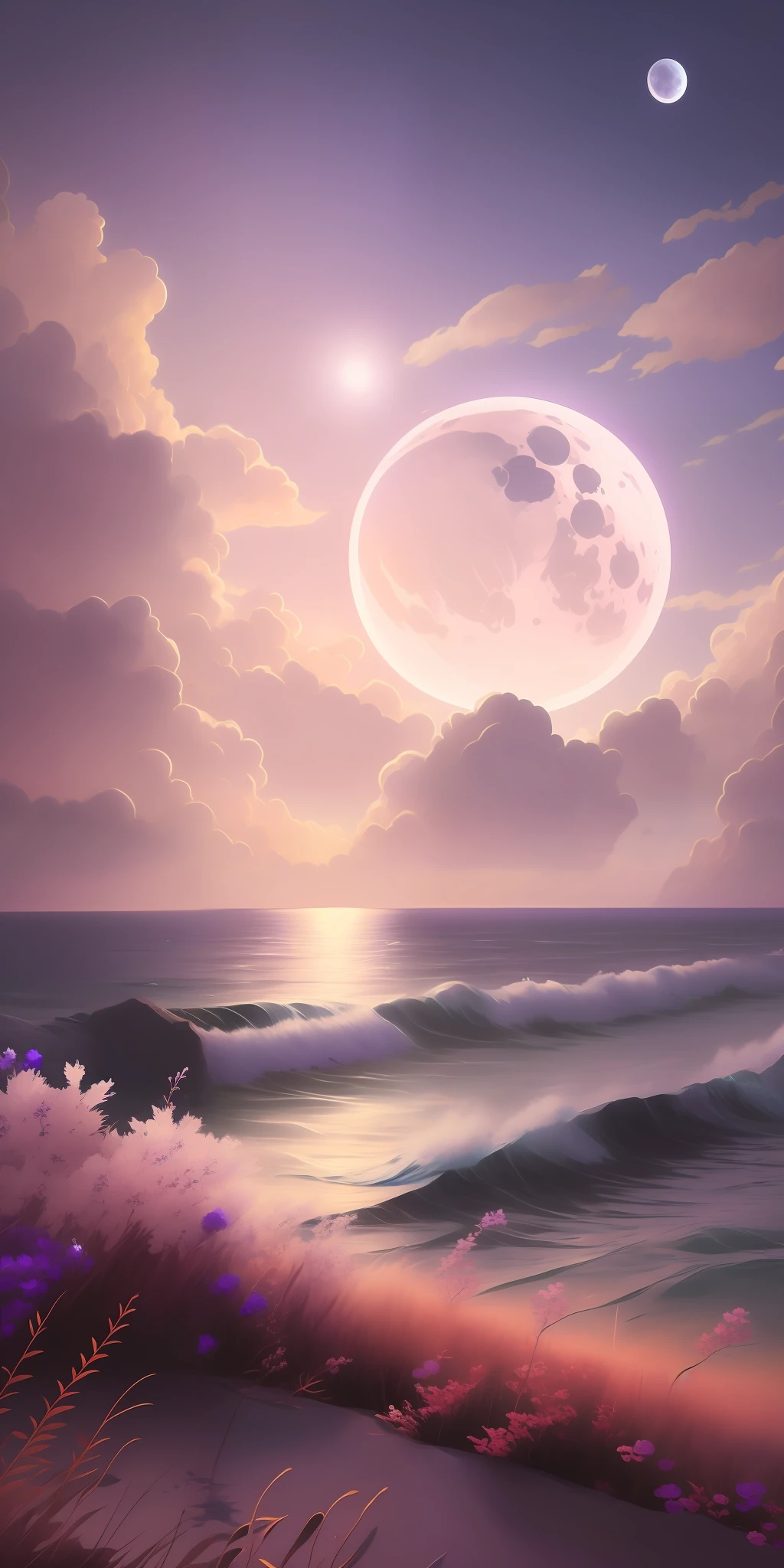 painting purple black moon on ocean with blue flowers, anime art wallpaper 8 K, anime art wallpaper 4k, anime art wallpaper 4k, 4k highly detailed digital art, anime background art, anime background, 4k anime wallpaper, anime wallpaper 4k, anime wallpaper 4k, anime wallpaper 4k, anime beautiful peace scene, beautiful digital painting, beautiful anime landscape