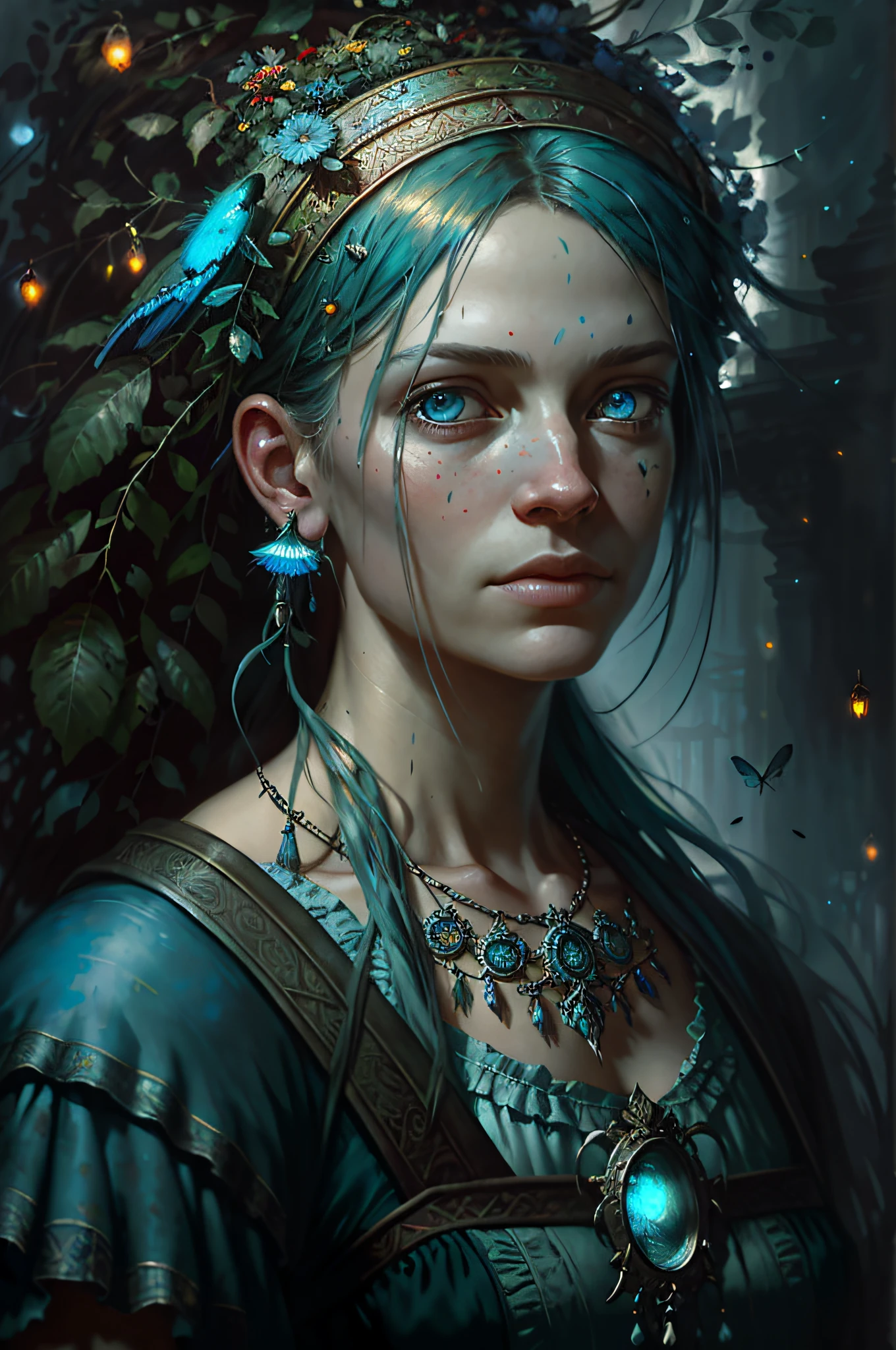 by Jeremy Mann, photorealistic, (((male))), (colorful), Post-Production, Intricate, (radiosity), blue eyes, (highest quality), a hyperrealistic colossal cyan raintree, gloomy, enjoyment, a wreath on his head, a closeup portrait of a playful maid, fireflies,