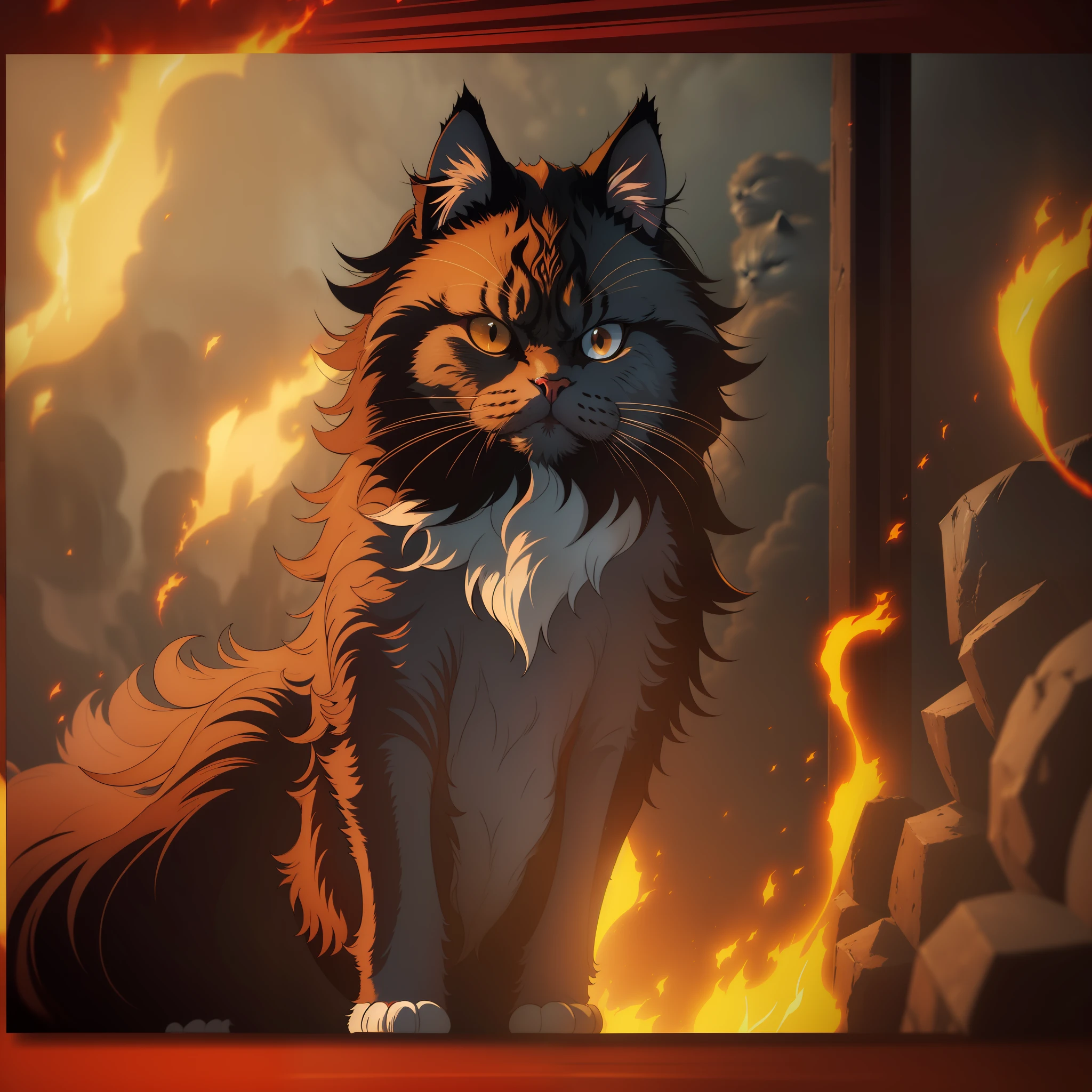A Persian cat, comic book style, dark series, flame atmosphere, hair lengthening, exaggerated a little, the overall look is exaggerated, the sense of atmosphere is full, the cat itself plus a little special effects, 4k
