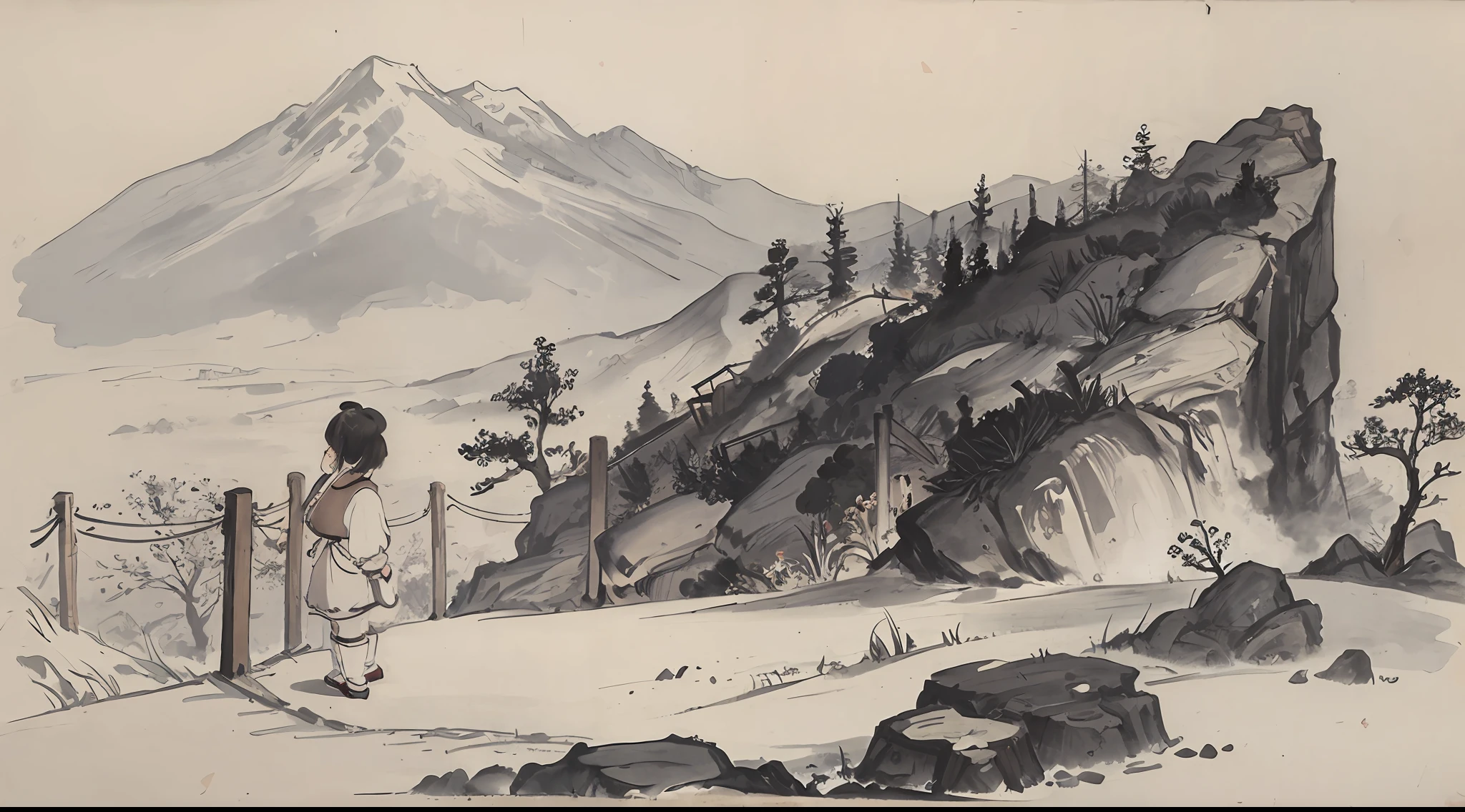 (Masterpiece, best quality: 1.2), traditional Chinese ink painting, mountain, house, fence, (1 woman: 1.5), (1 : 1.2),
