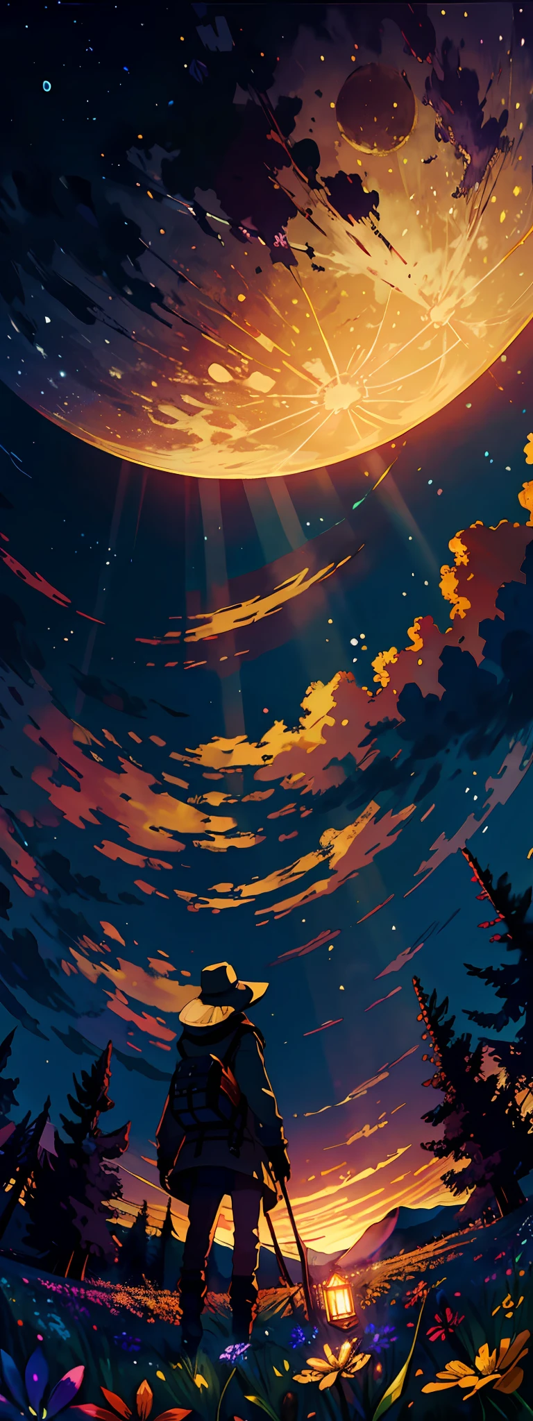 A wide landscape photo, (viewed from below, the sky is above, and the open field is below), a girl standing on a flower field looking up, (full moon: 1.2), (meteor: 0.9), (nebula: 1.3), distant mountains , Trees BREAK Crafting Art, (Warm Light: 1.2), (Firefly: 1.2), Lights, Lots of Purple and Orange, Intricate Details, Volumetric Lighting BREAK (Masterpiece: 1.2), (Best Quality), 4k, Ultra Detailed, (Dynamic Composition: 1.4), Rich in Detail and Color, (Rainbow Color: 1.2), (Glow, Atmospheric Lighting), Dreamy, Magical, (Solo: 1.2)