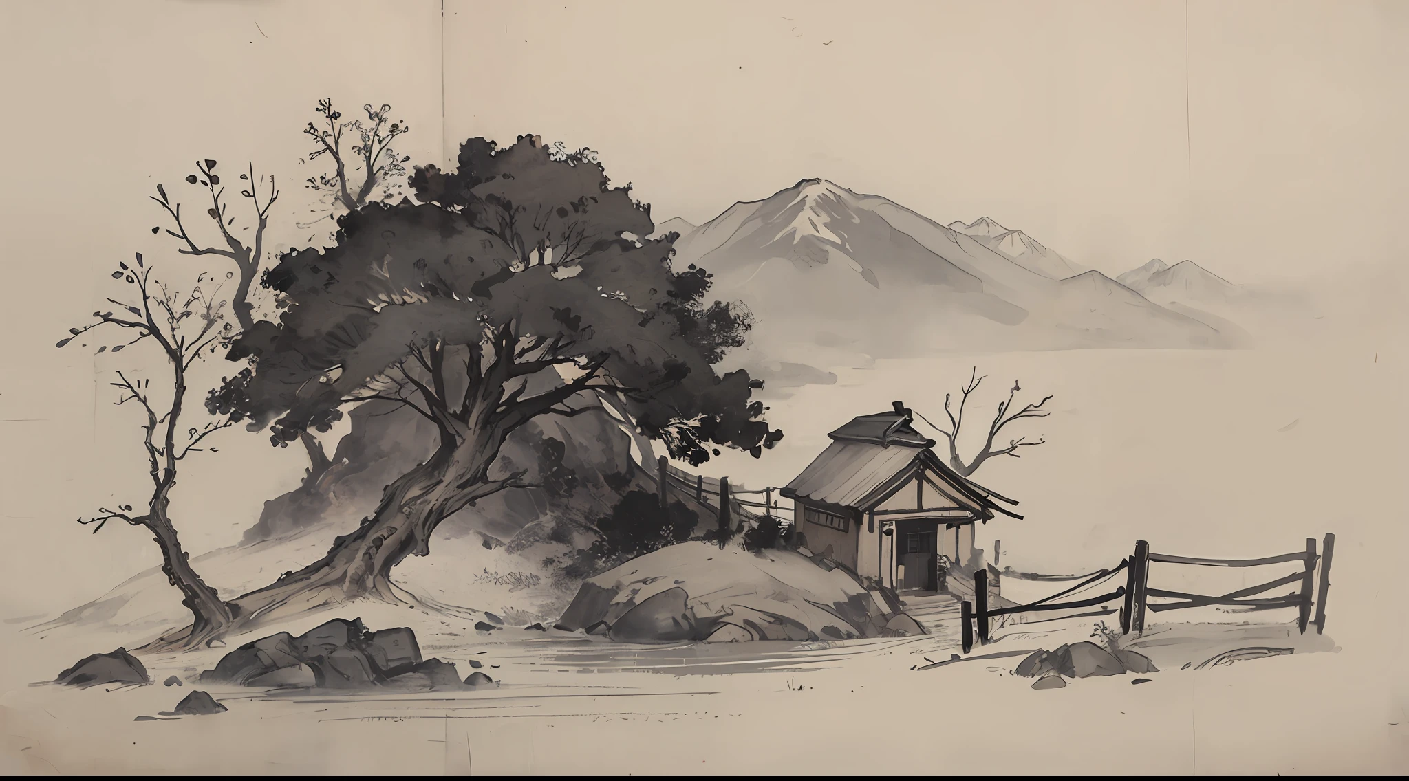 (Masterpiece, best quality: 1.2), traditional Chinese ink painting, mountains, houses, fences, (1 woman and 1 : 1.2),