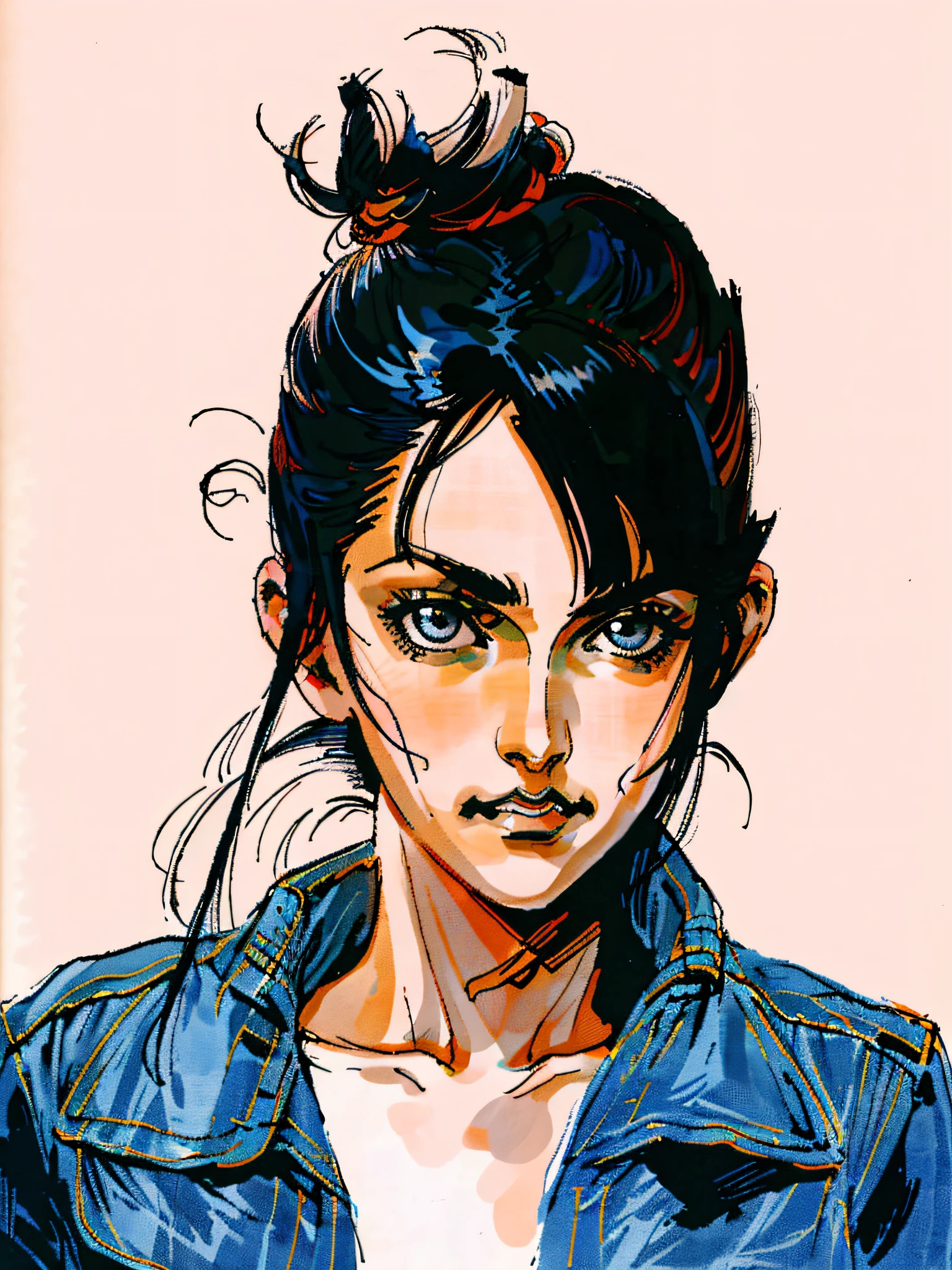 HD, (Best Detail), (Best Quality), Meticulous Facial Features, Arad Woman in a Denim Jacket in a Bun, Black and White, Brush Strokes, Shinkawa Youji