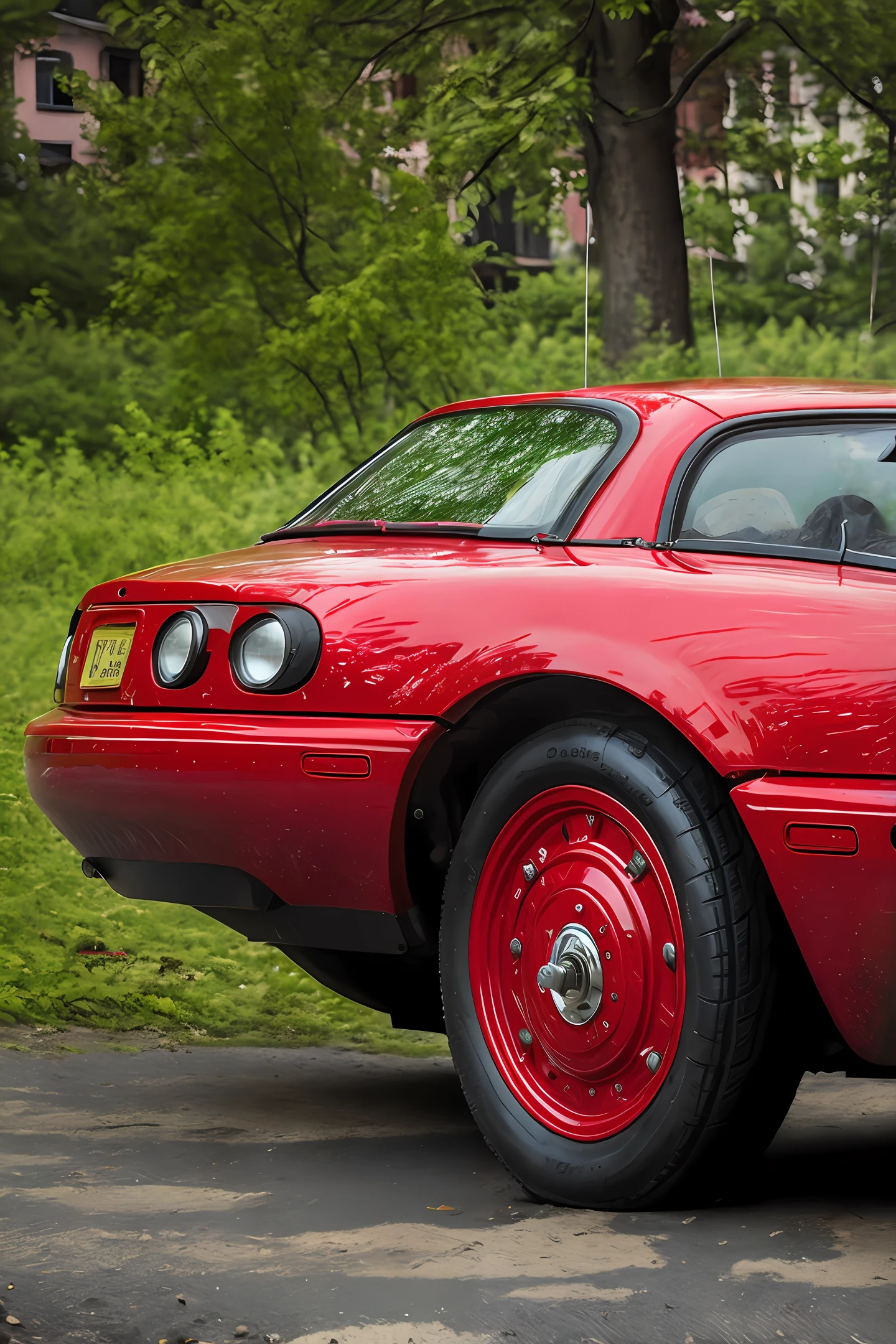 A red car, two front wheels, one rear, the same rear wheels as the tires of a bicycle