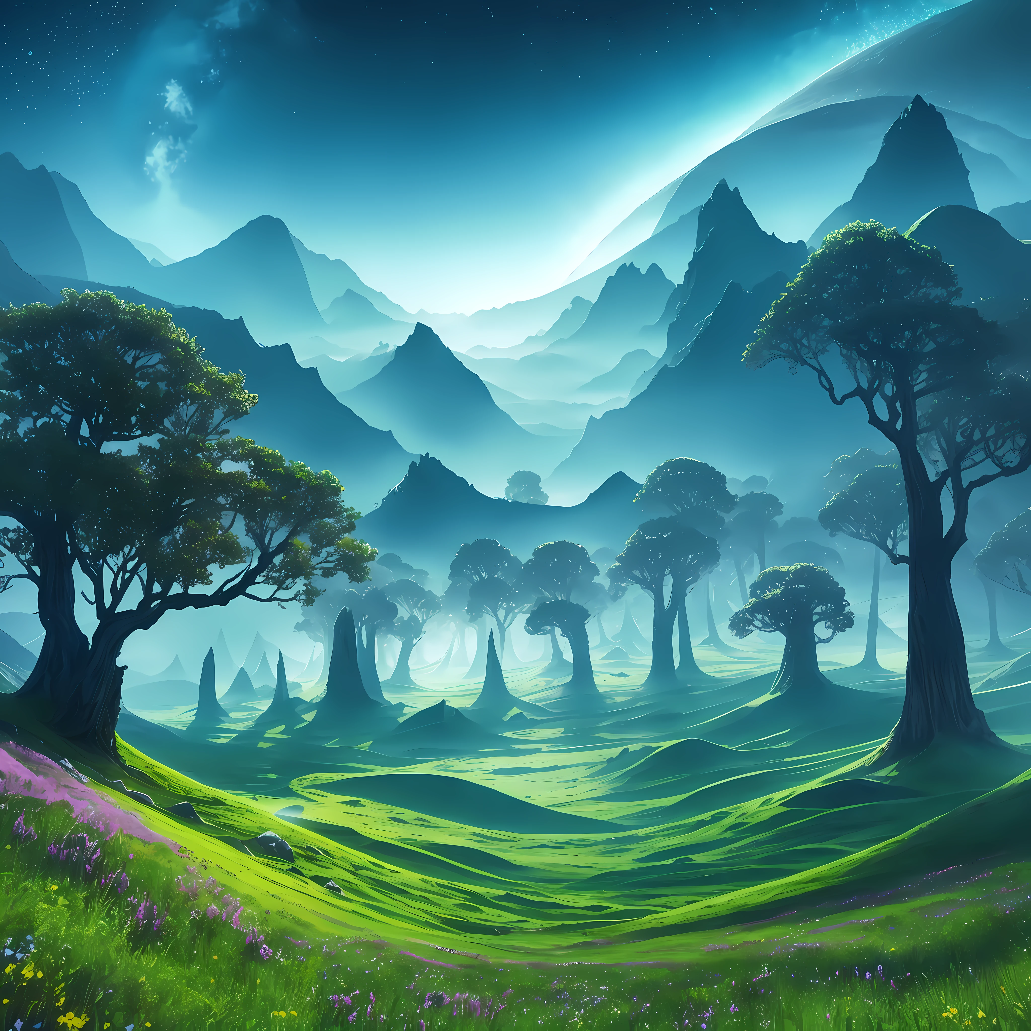 best illumination, otherworldly landscape:1.2, misty, endless possibilities, hidden treasures, generated by Field of Polygons, unbelievable scenery, surreal