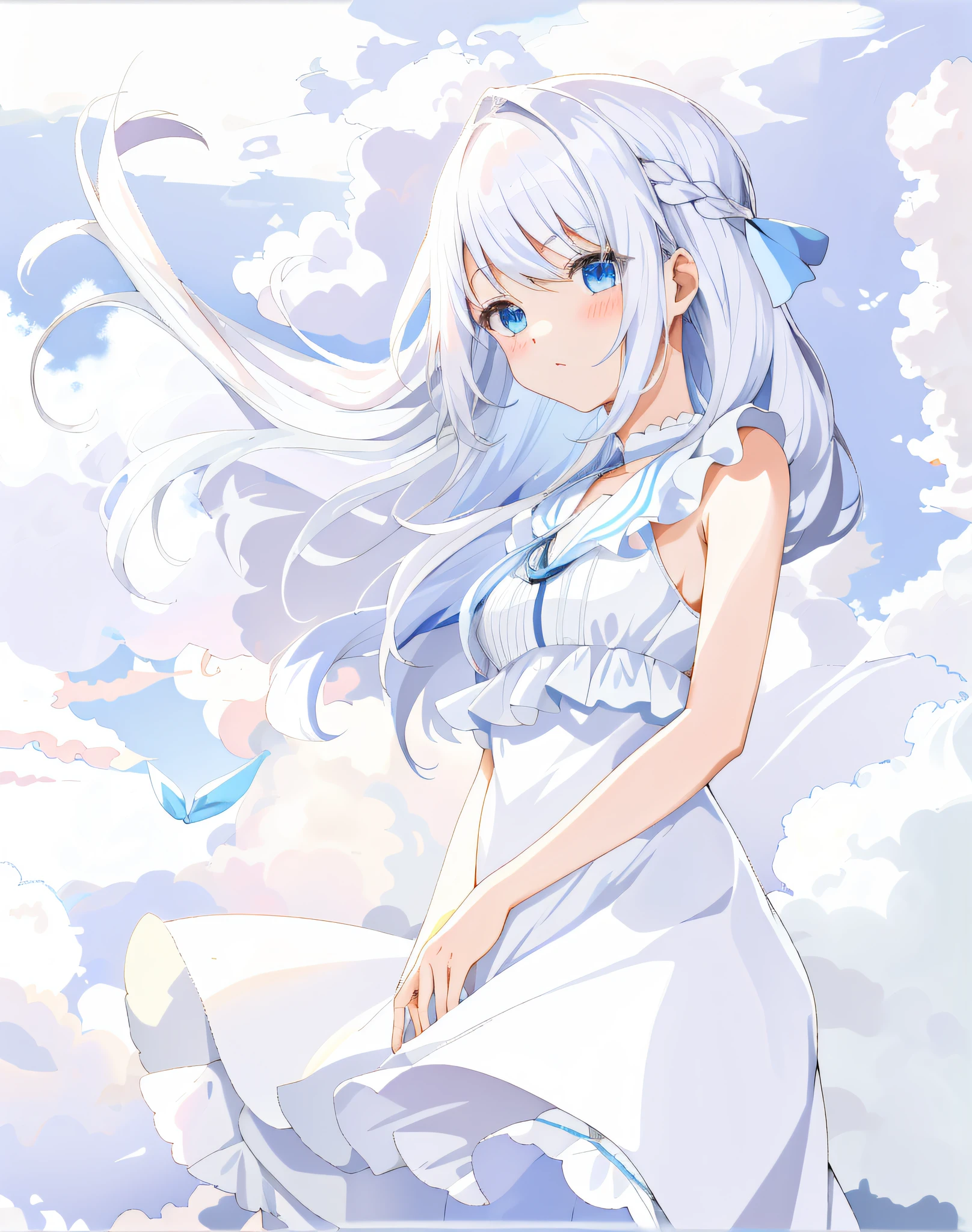 anime girl with long white hair and blue eyes in a white dress, loli in dress, girl with white hair, anime visual of a cute girl, white haired deity, perfect white haired girl, white haired, beautiful anime girl, (anime girl), white dress!! of silver hair, beautifull puffy clouds. anime, pretty anime girl, white hair floating in air