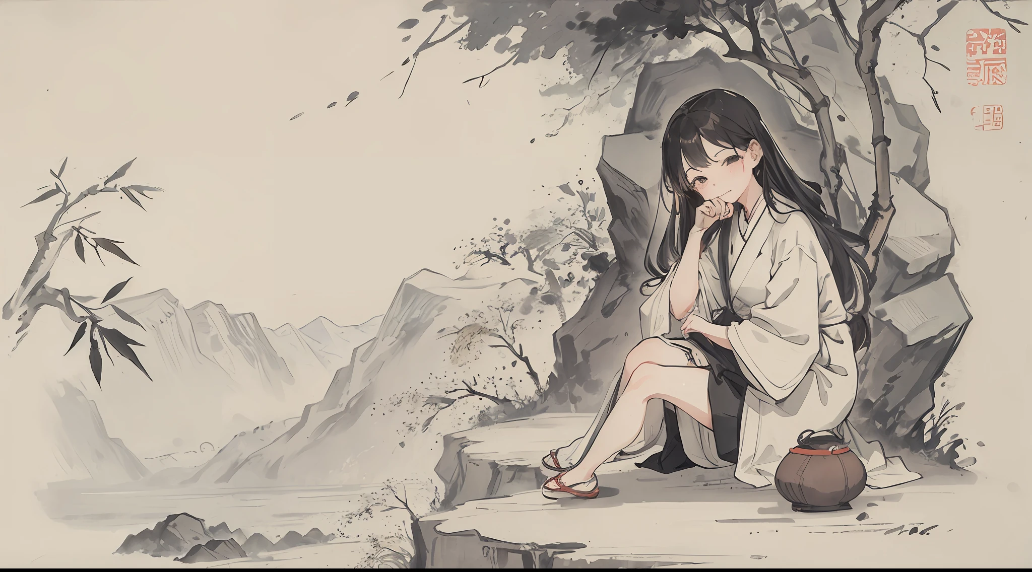 (Masterpiece, best quality: 1.2), traditional Chinese ink painting, mountains, ravines, trees, (1 woman: 1.2), sitting on stones, sad, (crying: 1.2), (large bamboo basket: 1.2)