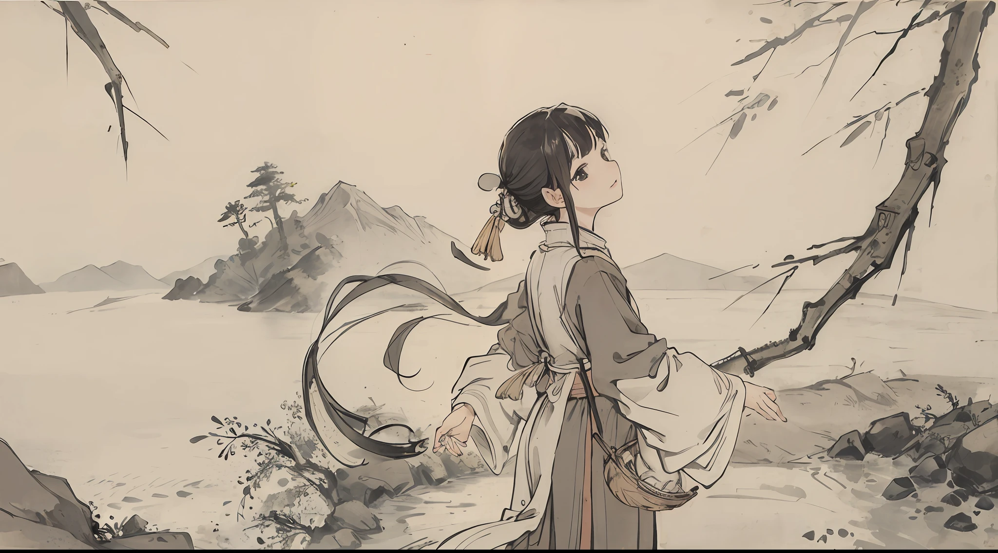(Masterpiece, best quality: 1.2), traditional Chinese ink painting, mountain, pine, (small river: 1.2), flowers, grass, (1 woman: 1.2), (big bamboo basket: 1.2)