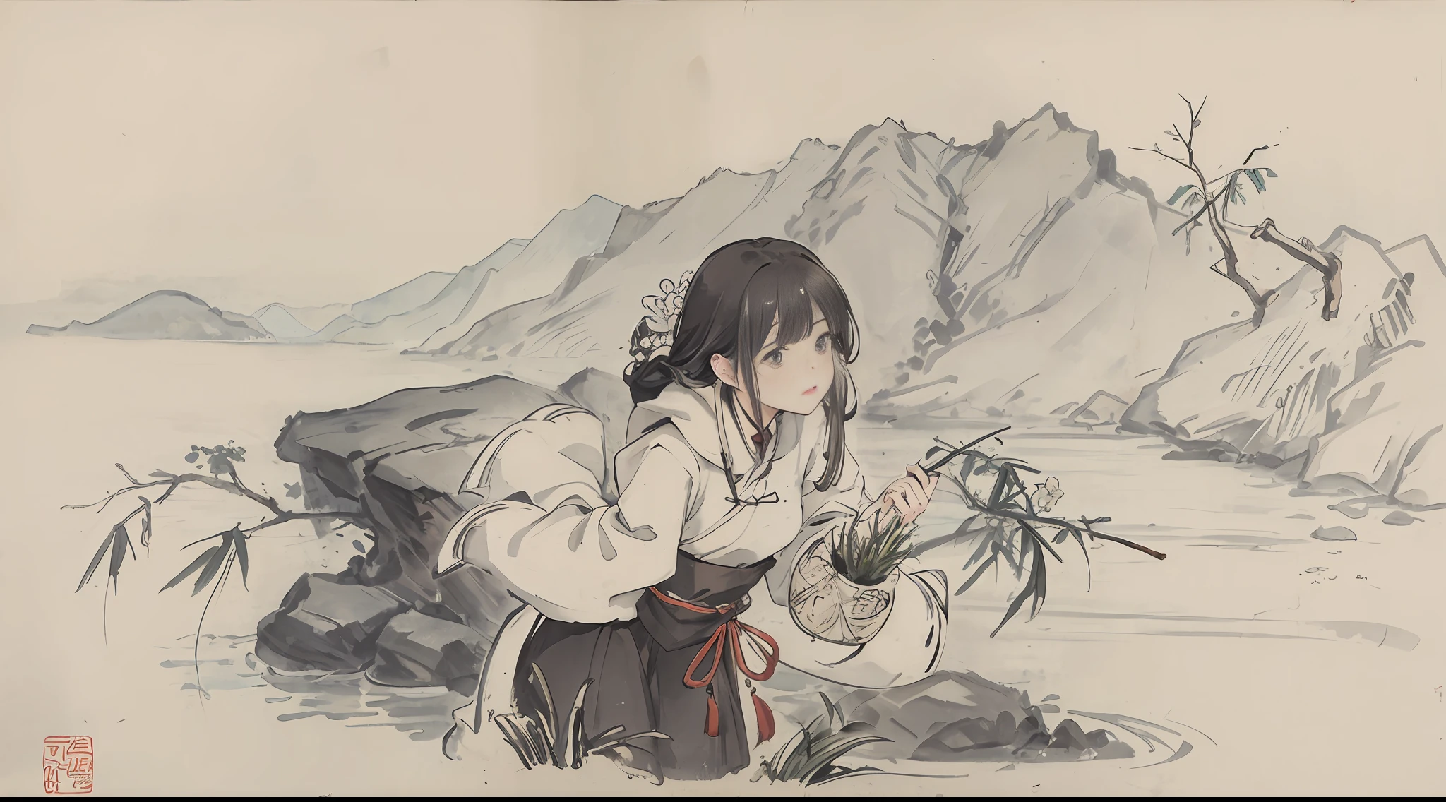 (Masterpiece, best quality: 1.2), traditional Chinese ink painting, mountain, pine, (small river: 1.2), flowers, grass, (1 woman: 1.2), (big bamboo basket: 1.2)