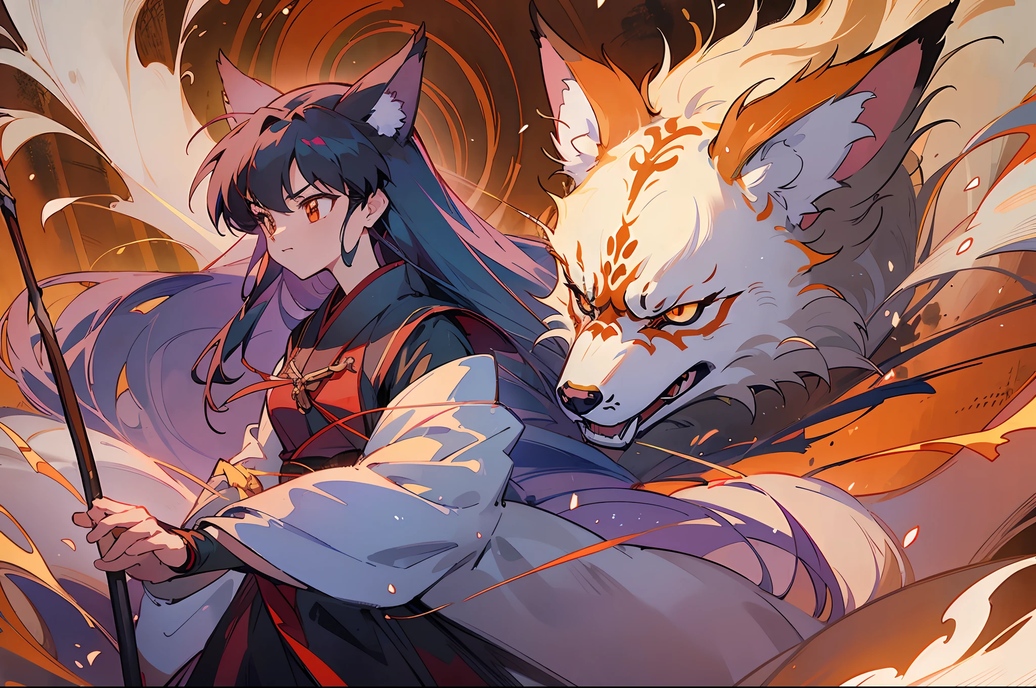 The painting depicts Kikyo in Inuyasha and the large demon fox behind her, and the picture is full of mystery and power.

Kikyo stood on a high ground with a bow and arrow, her figure proud and calm, her eyes shining with determination, as if preparing for the upcoming battle. The red and white dress on her body is light and flowing, which further highlights her noble temperament.

Behind Kirito, a huge demon fox stood quietly, its body covered with thick fur, and its eyes showed a majestic and cold aura. Its existence is a testament to the power and deterrent power of the demon race, as well as the great challenges Kikyo faces in this dangerous world.

The whole painting is dominated by dark tones, which alludes to the tension and suspense of the battle. However, both Kikyo and the demon fox are meticulously depicted, showing the author's superb drawing skills and deep understanding of the characters. This painting shows the classic scene from Inuyasha, but also shows the unique charm and artistic characteristics of Japanese anime.