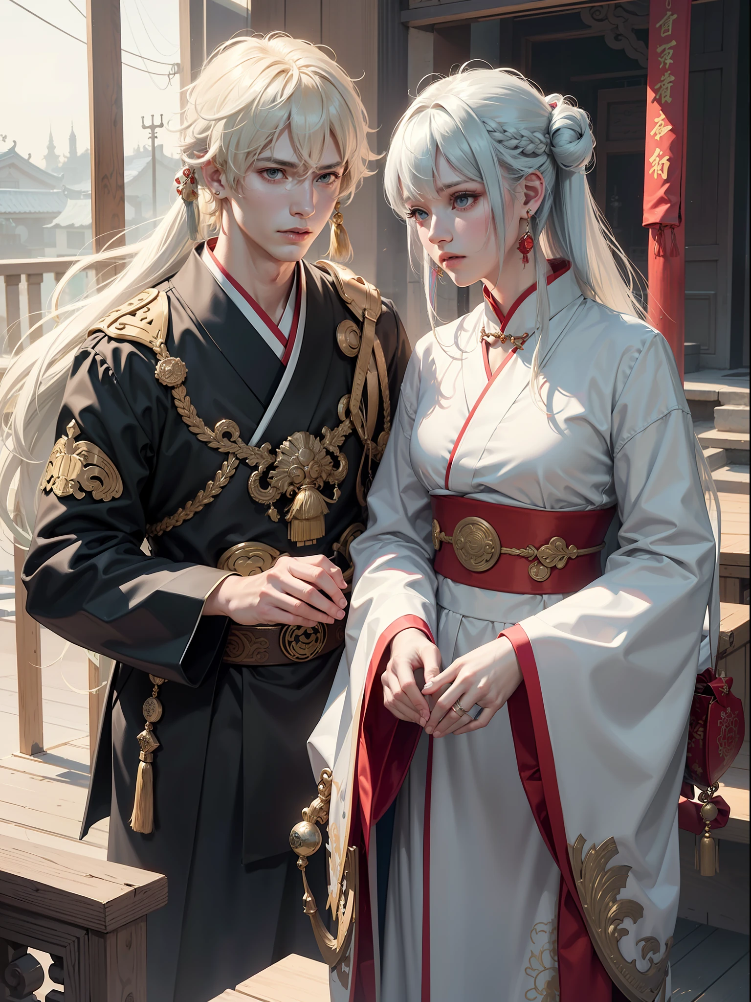 Concept Art, "1 Couple, Male Focus, Finned Ears, Multicolored Hair, Handsome Boy, Long White Hair, Tassels, Bangs, Carp, Colorful, Bold Colors, White Kimono, (Open) Kimono, Traditional Chinese Clothing, Close-up, Intimate Interaction, Stud Earrings, Rings, Sweat, Illuminate People", Colorful, Master Composition with Focus on Key Figures, Realism, Masterpiece, Award-Standing, Best Quality, Masterpiece, Ultra Detailed, 8K, Extremely detailed CG Unity 8k wallpaper, complex, highly detailed, realistic