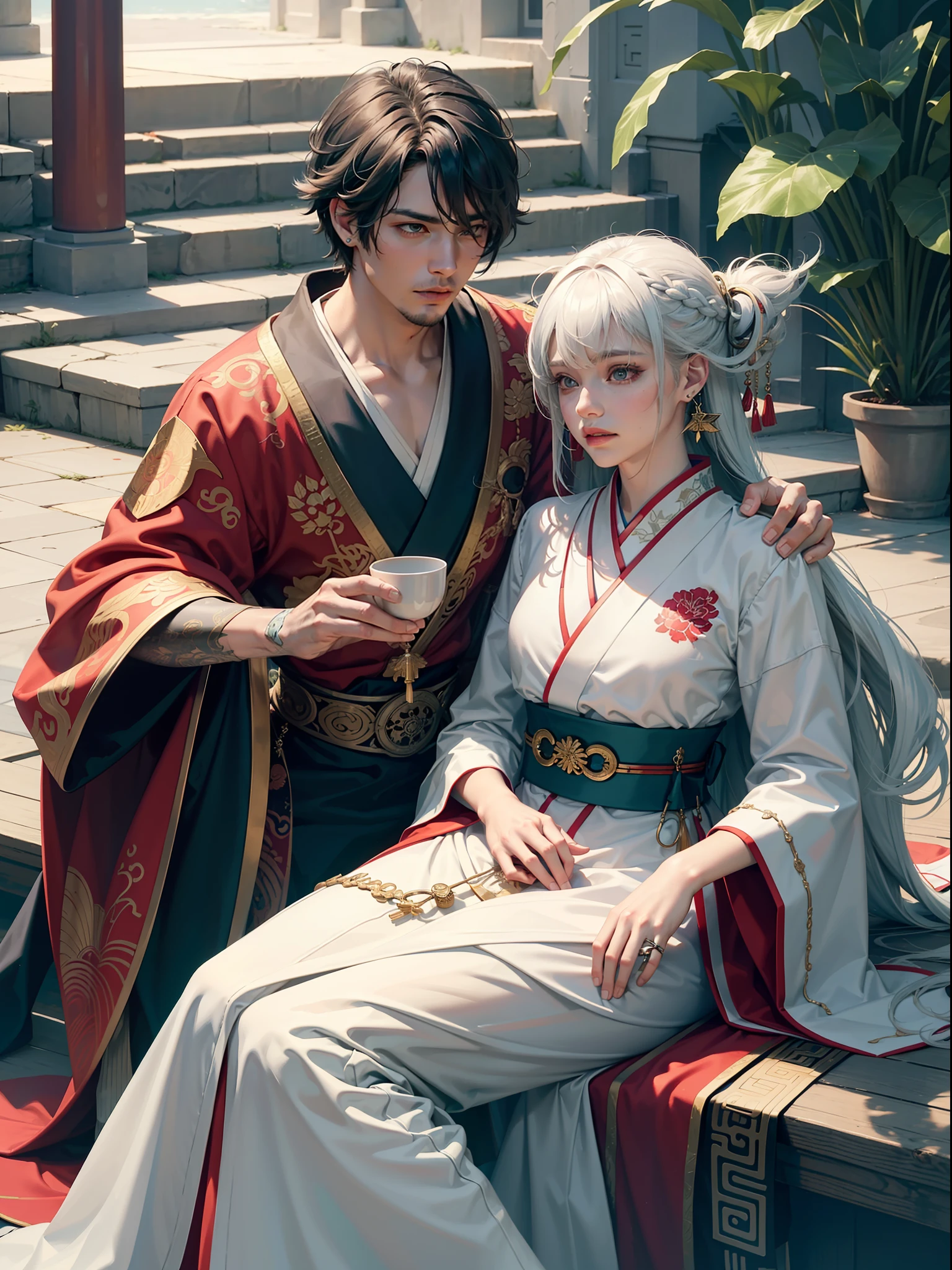 Concept Art, "1 Couple, Male Focus, Finned Ears, Multicolored Hair, Handsome Boy, Long White Hair, Tassels, Bangs, Carp, Colorful, Bold Colors, White Kimono, (Open) Kimono, Traditional Chinese Clothing, Close-up, Intimate Interaction, Stud Earrings, Rings, Sweat, Illuminate People", Colorful, Master Composition with Focus on Key Figures, Realism, Masterpiece, Award-Standing, Best Quality, Masterpiece, Ultra Detailed, 8K, Extremely detailed CG Unity 8k wallpaper, complex, highly detailed, realistic