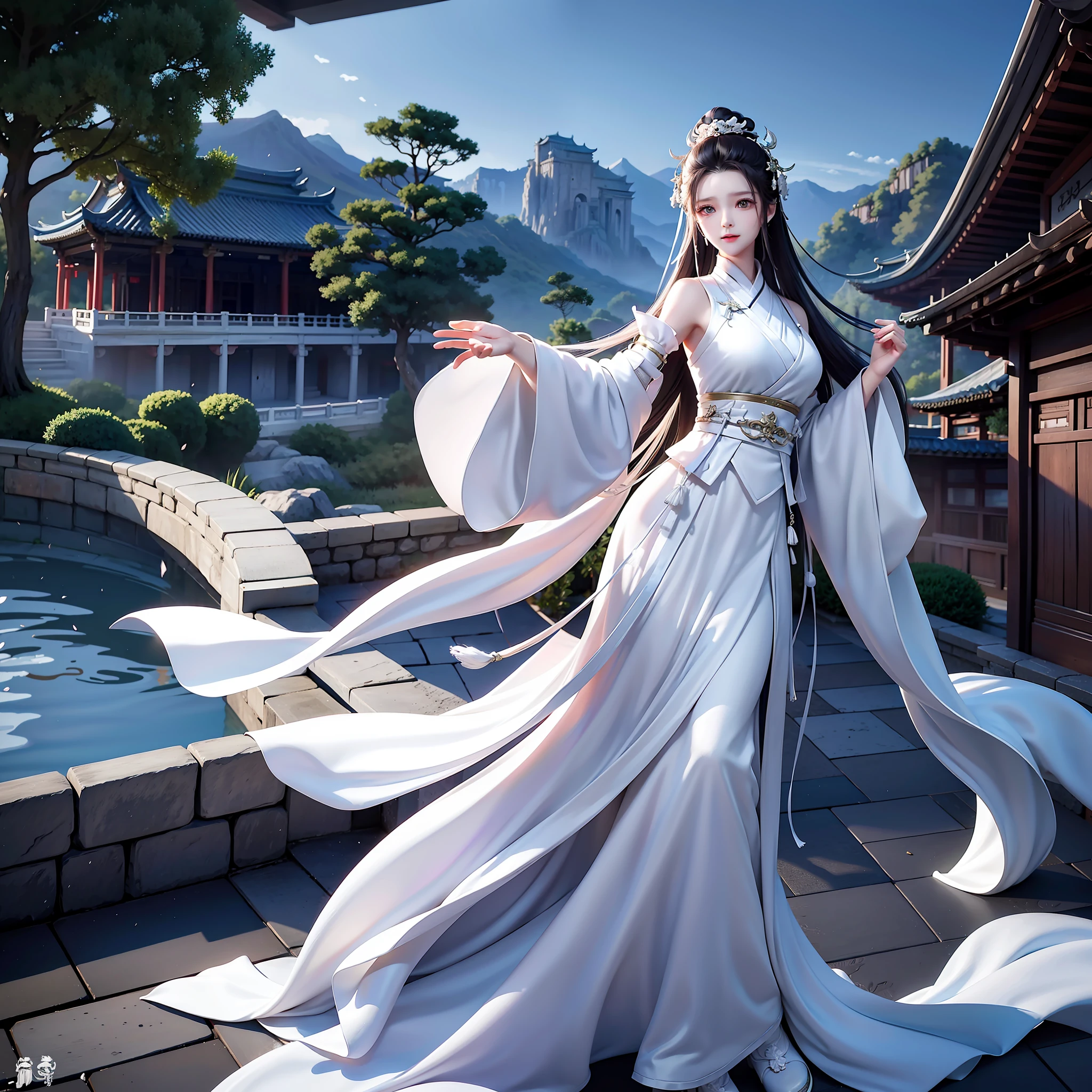 Wuxia, white horse, white robe, long hair, ancient buildings, deep mountains