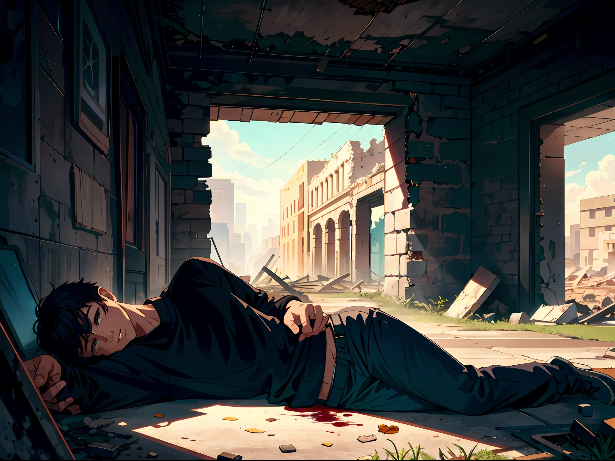 HD clear, best images, illustration quality, super detailed, a young man in a black casual sweatshirt, lying in the ruins of a ruined city, blood stains