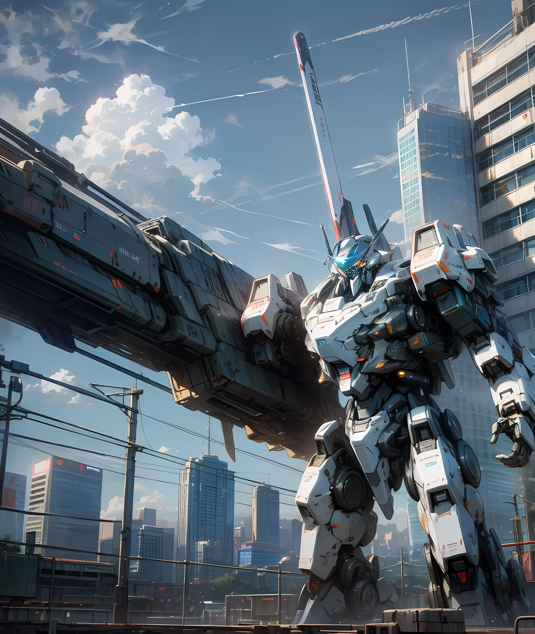 sky, cloud, holding_weapon, no_humans, glowing, , robot, building, glowing_eyes, mecha, science_fiction, city, realistic,mecha