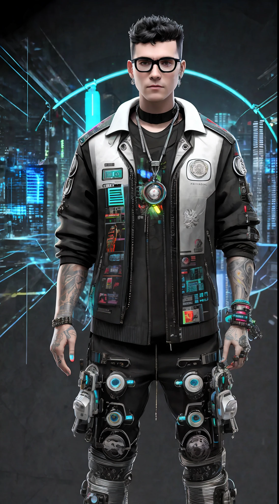 Complex 3d rendering ultra-detailed cyberpunk style, simulating 150mm shot, neon skin lines, colorful details, piercings, Art Nouveau fashion embroidery, intricate details, facial muscles, microchips, surreal, ultra-detailed, octane rendering, robotic arm, mechanical, glasses, black back, short hair, male, man, front standing, white jacket, movie light effects, middle aged, 35 years old, round face, solid color background, gray background