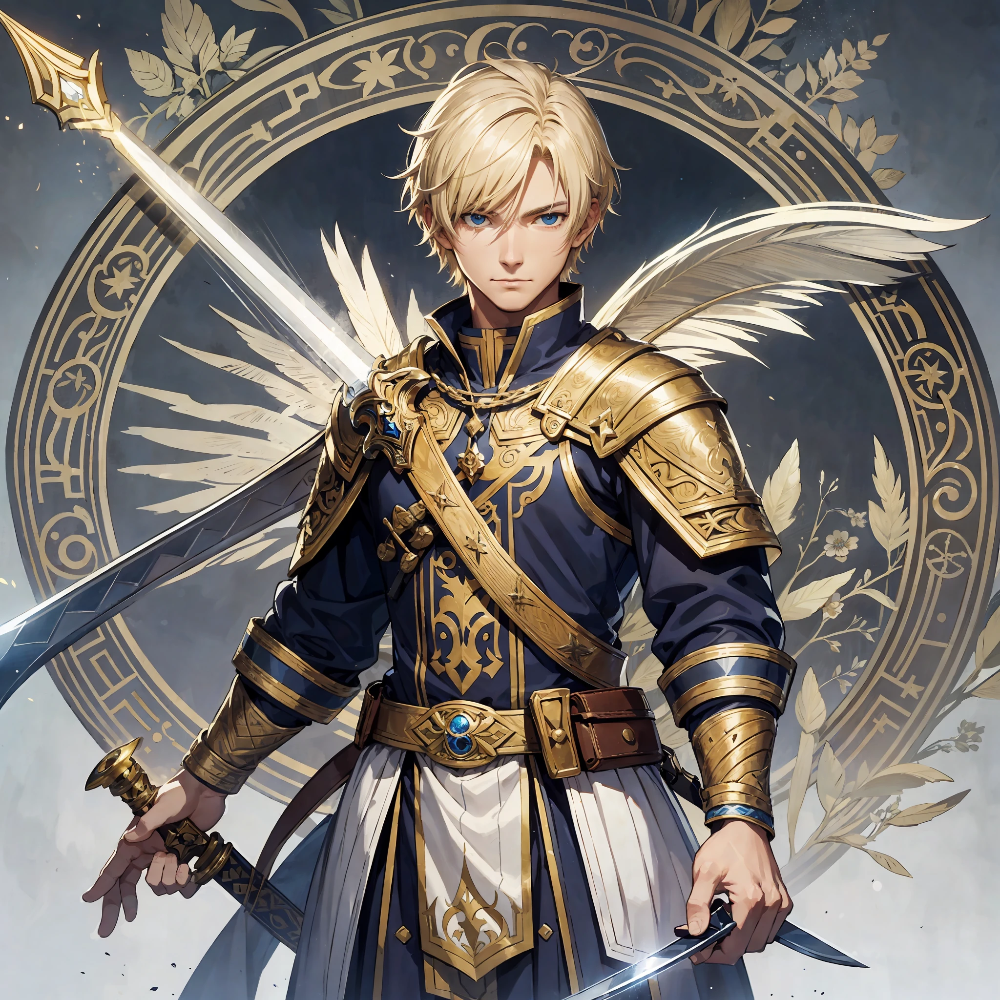 Logo, best quality, 1 man, blonde, short hair, solo, little details, sword and feather crossed, rod, lantern, white background, fantasy --auto --s2