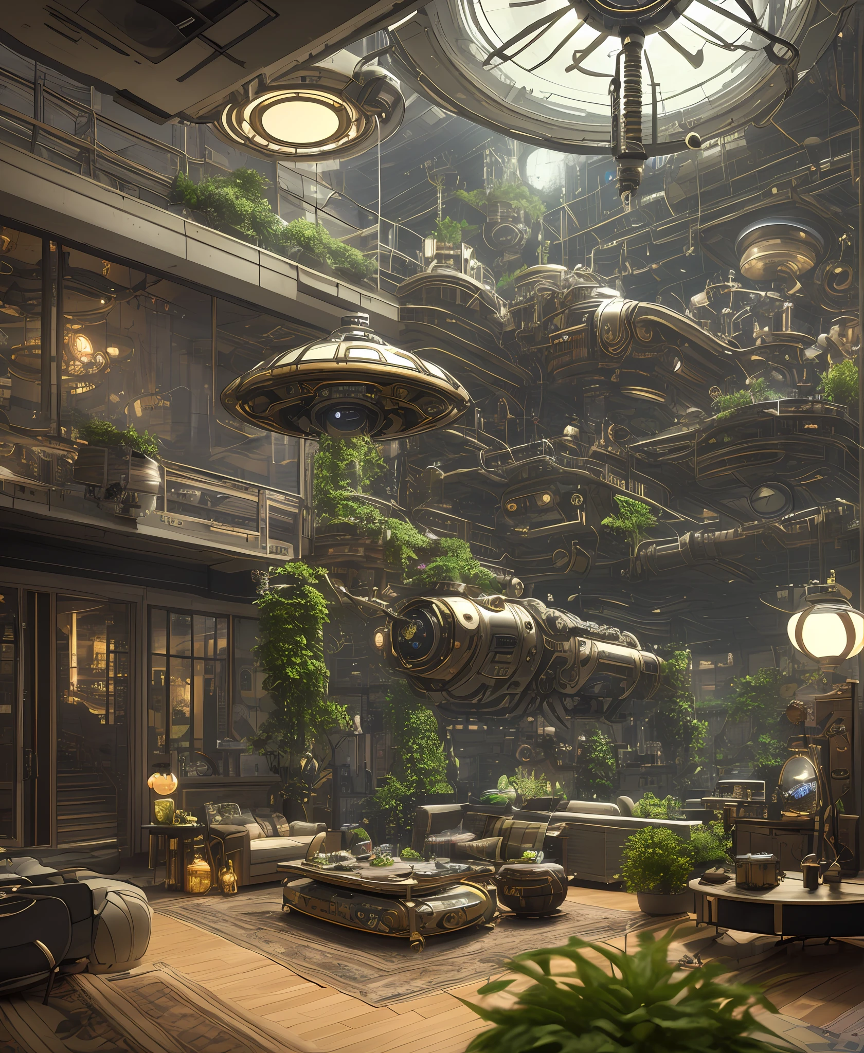one organic steampunk mechanical scifi ufo sitting on the floor of modern over planted living room with carpet, modern interior, High quality photo, ultra high res, (photorealistic:1.4), cinema lighting, insanely detailed, hyper realistic, fine details, octane render