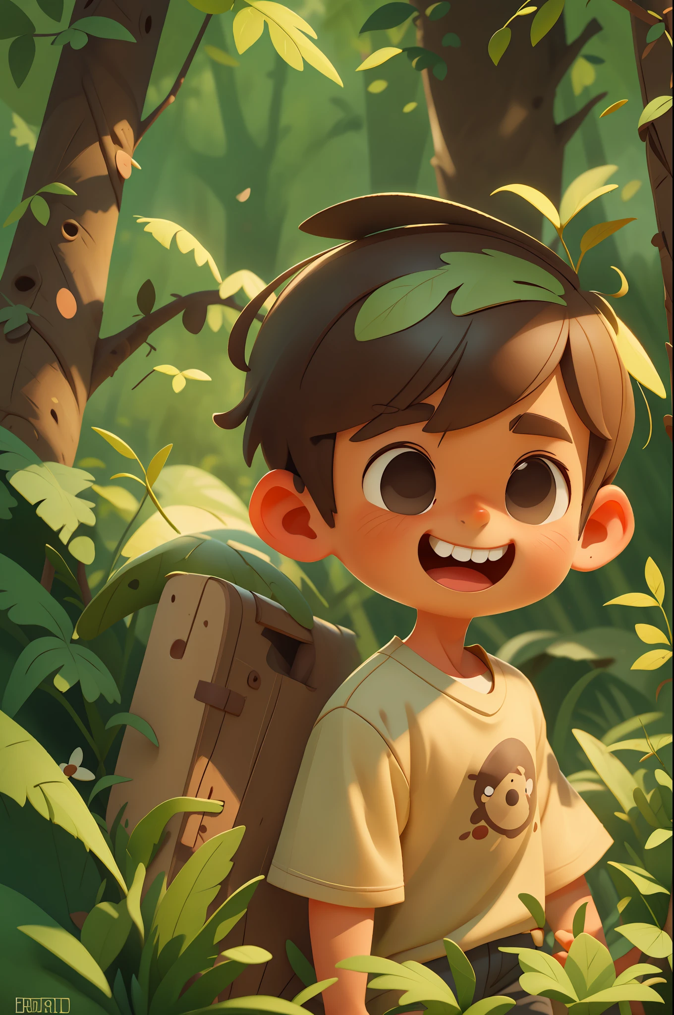 A happy cute boy standing short hair, wearing a brown T-shirt, cream shorts, outdoor, forest background, child, toon, pixar style, 3d, cartoon, detailed face, asymmetrical