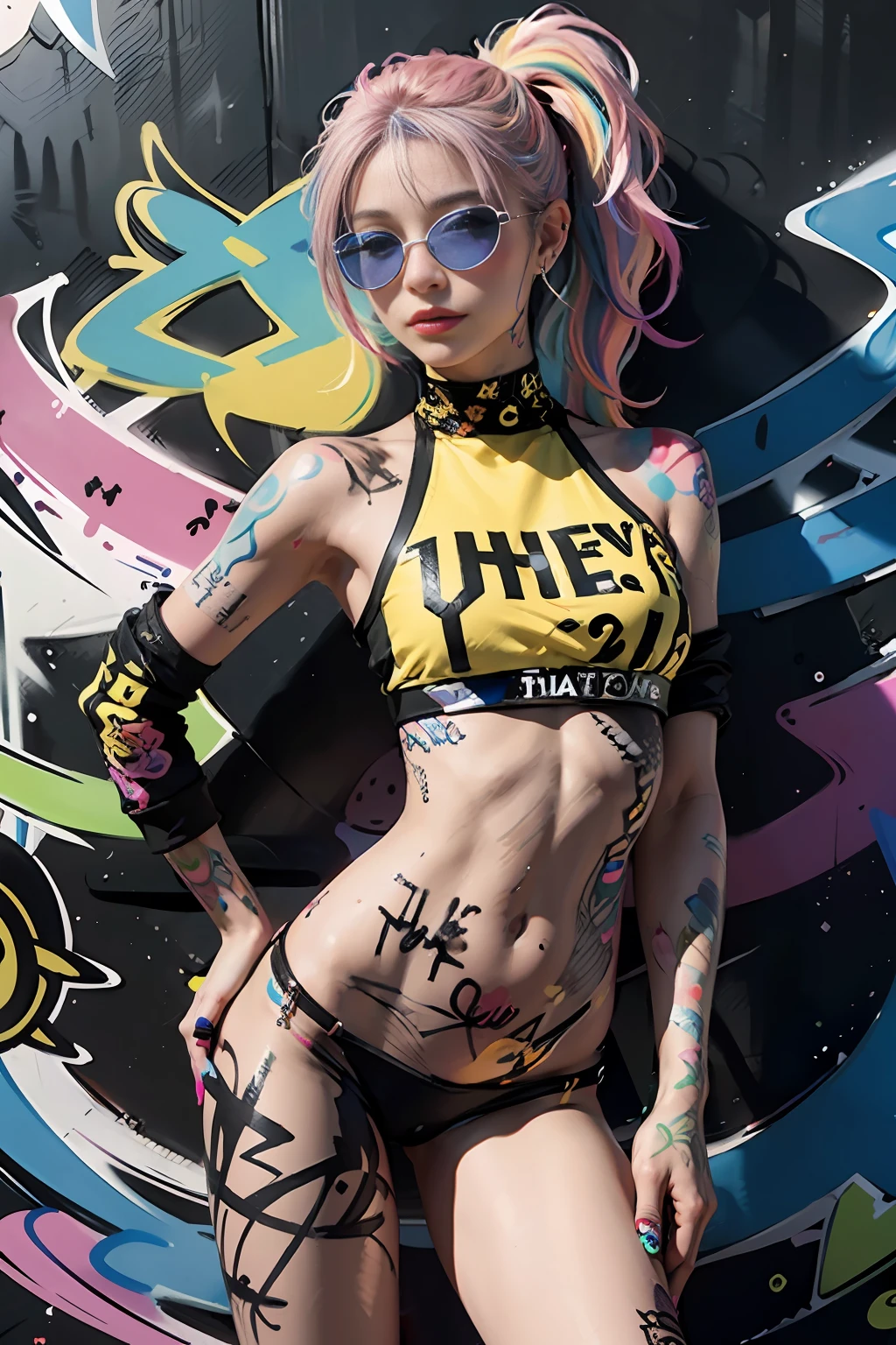 An european 1girl, sexypose, (colorful:1.4), sunglasses, side ponytail, tattoos, body paint, (graffiti mural wall background), (graffiti), fitness body, best quality, masterpiece, (side to the viewer:1.8)