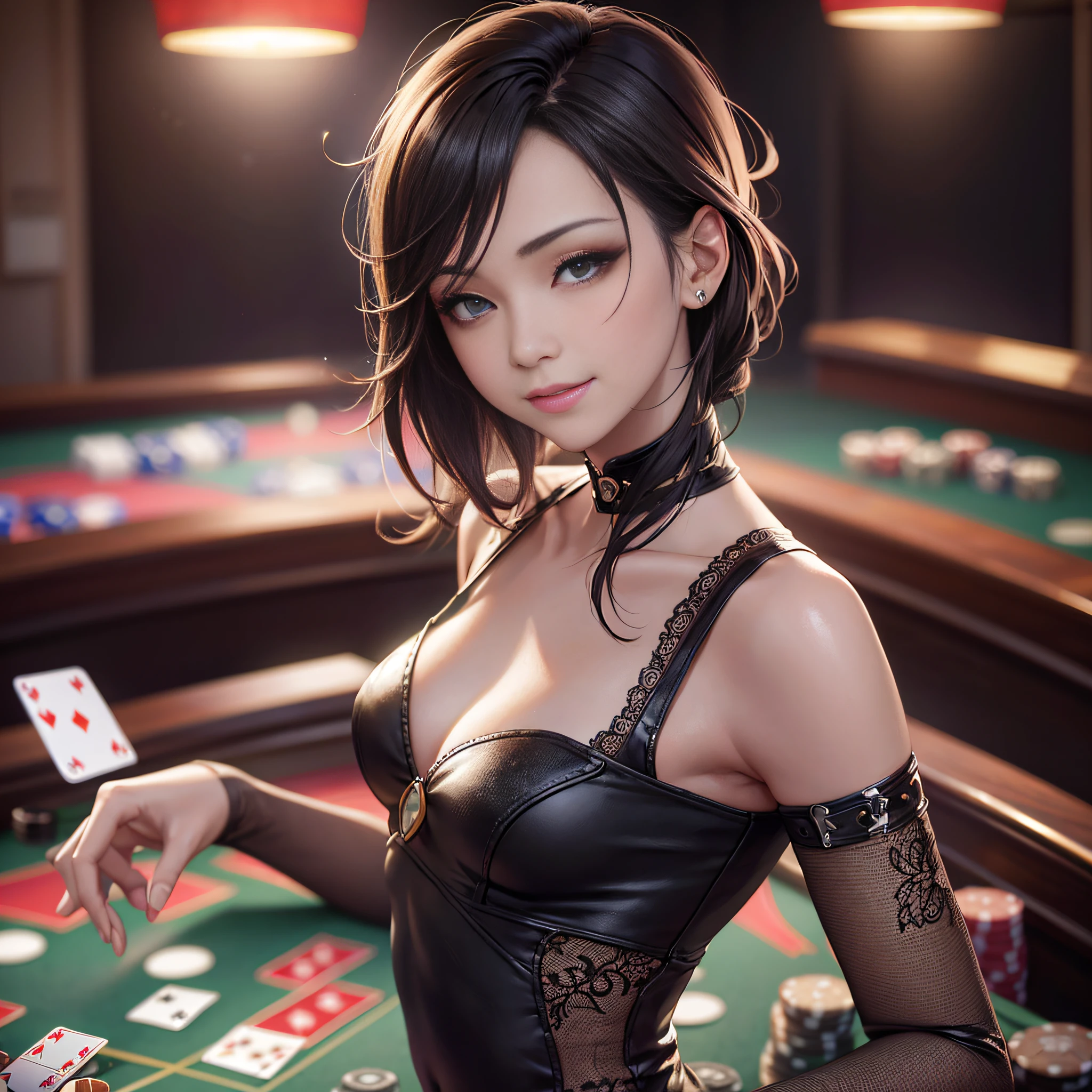 Casino, playing cards, women, slim, small, highest quality, high quality, high resolution, high quality textures, high quality shadows, high detail, realistic, cinematic lights, side lights, lens flares, ray tracing, sharp focus, ultra high resolution, ultra detail, (super skin detail), asian, slim girl, seductive smile, --auto --s2