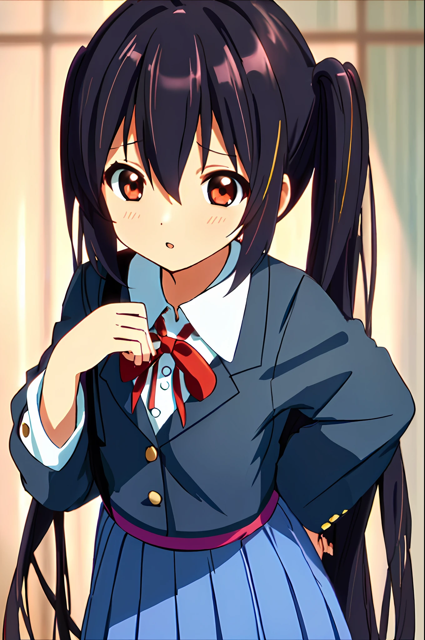 1girl, ((((Masterpiece))), Best Quality, Best Quality, High Detail, Azusa Nakano, 1girl, Sakuragaoka High School Uniform, Musical Instrument, School Uniform, Twin Tails, Long Hair, Black Hair, Brown Eyes, Solo, Red, Dark blue blazer with a thin ribbon of red, Solid white button shirt under blazer, Illustration, Cartoon, Soothing tones, Muted colors, Soft cinematic light, Adobe Lightroom, Photo Lab, HDR, complex and highly detailed, (((depth of field))))). (((Masterpiece))). (((highest quality))).) ((super detail))). (((Illustration)).Fighting Stance.Night