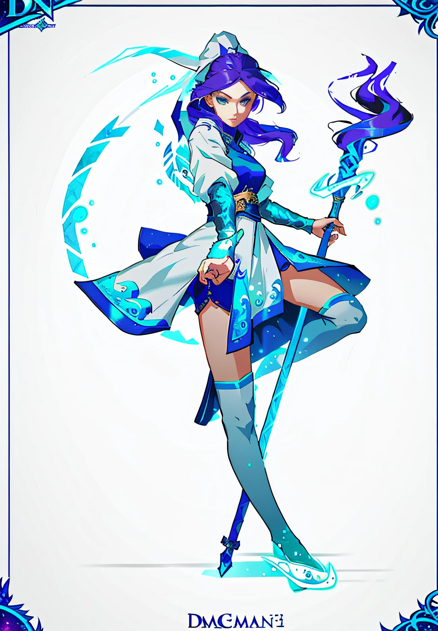 Best quality, high resolution, a girl with a staff, sharp line art, clean line art, female mage, detailed full body concept, as DND character, DND character concept, full body concept, character pose concept art, clear costume design, complex fantasy character, magical game background, colored hair