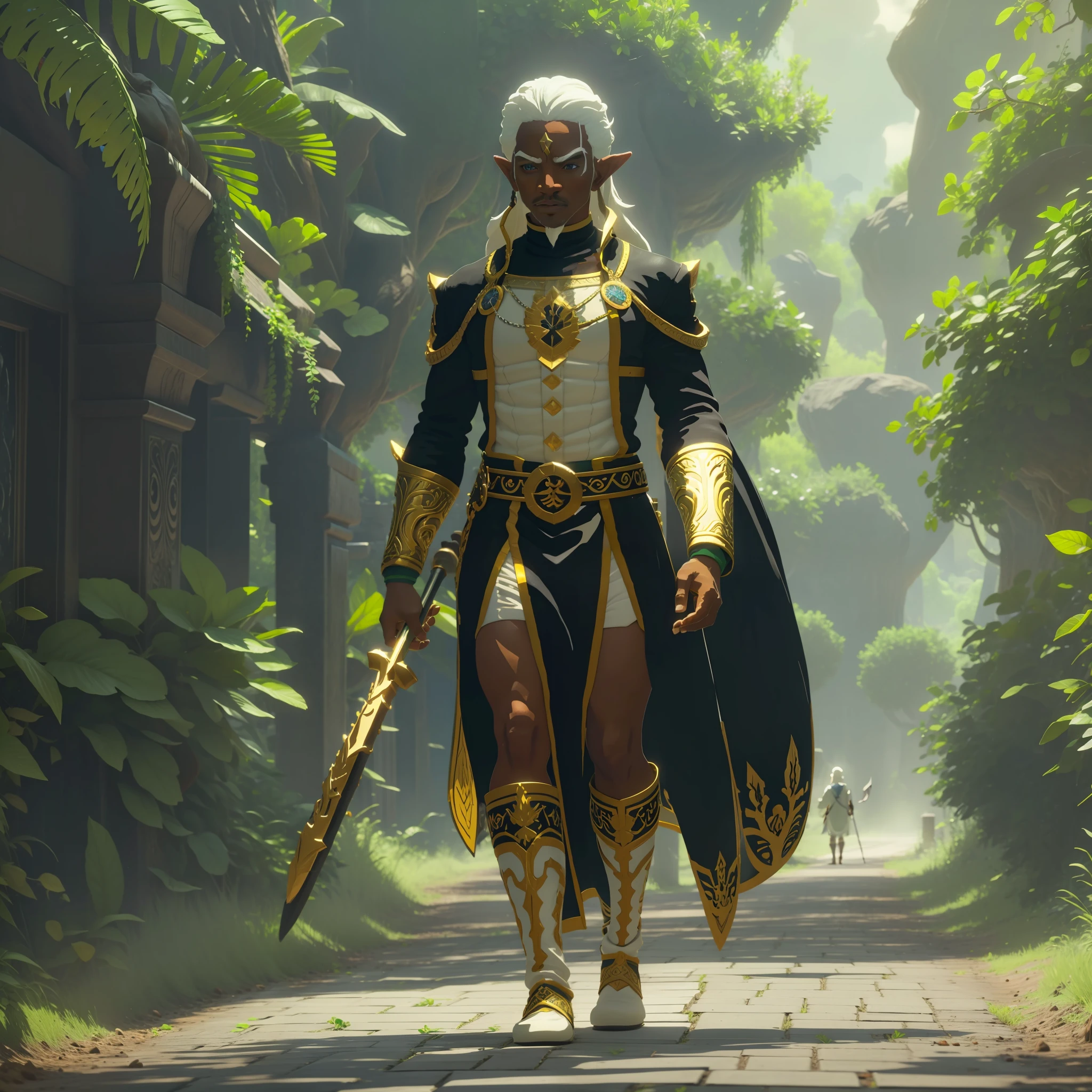 1 black angel with slightly pointed ears and long white hair, with staff in hand, on a road with plants, full body, male, beautiful black face, high quality, 4k