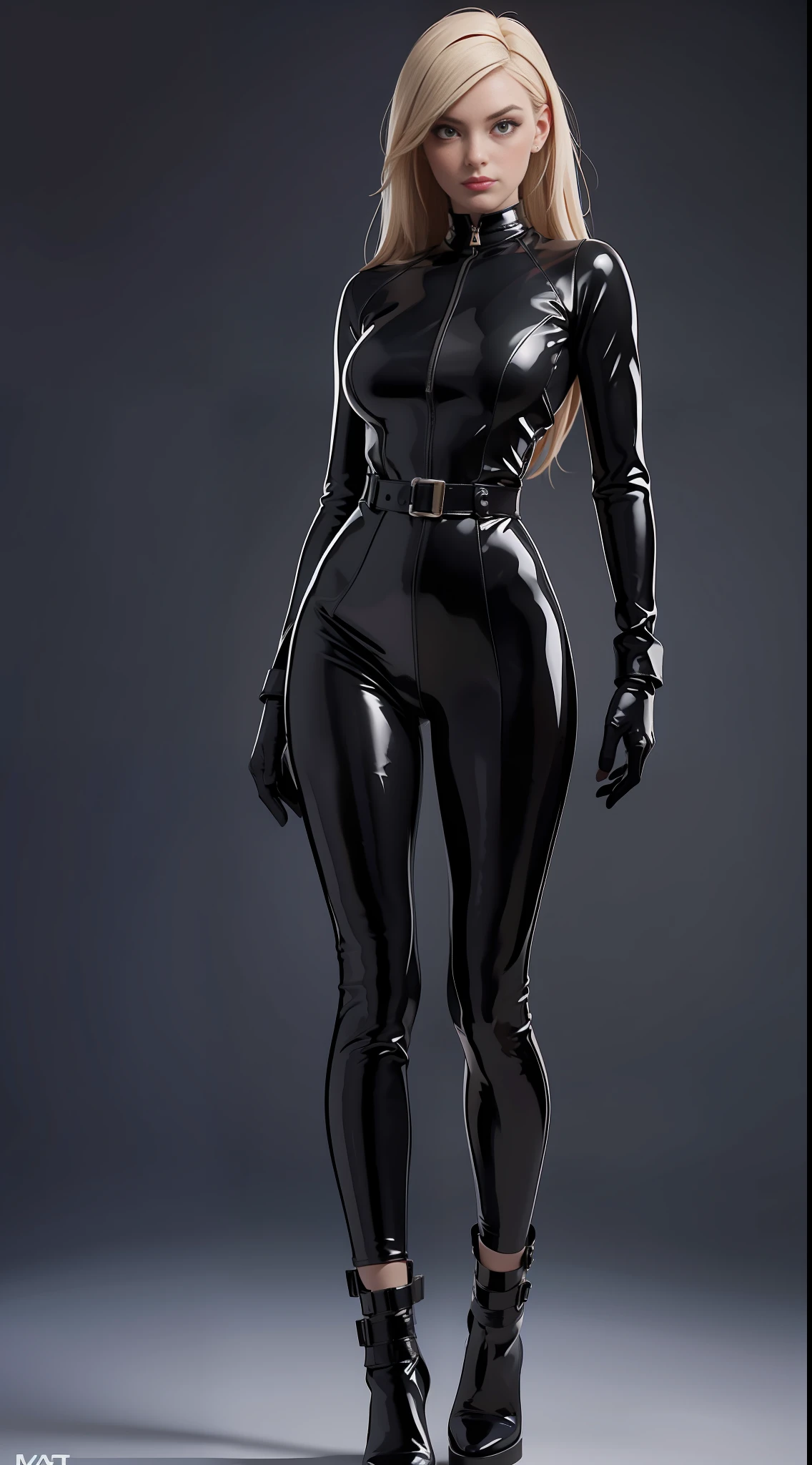 full body picture Unreal Engine 5 8K UHD of beautiful female, black tight latex catsuit underwear with white latex dress, two leather belts on hip, latex body harness, latex long sock, latex long glove, arm cuffs on biceps and wrists, leg cuffs on thighs and ankles,, beautiful make up, best quality, masterpiece