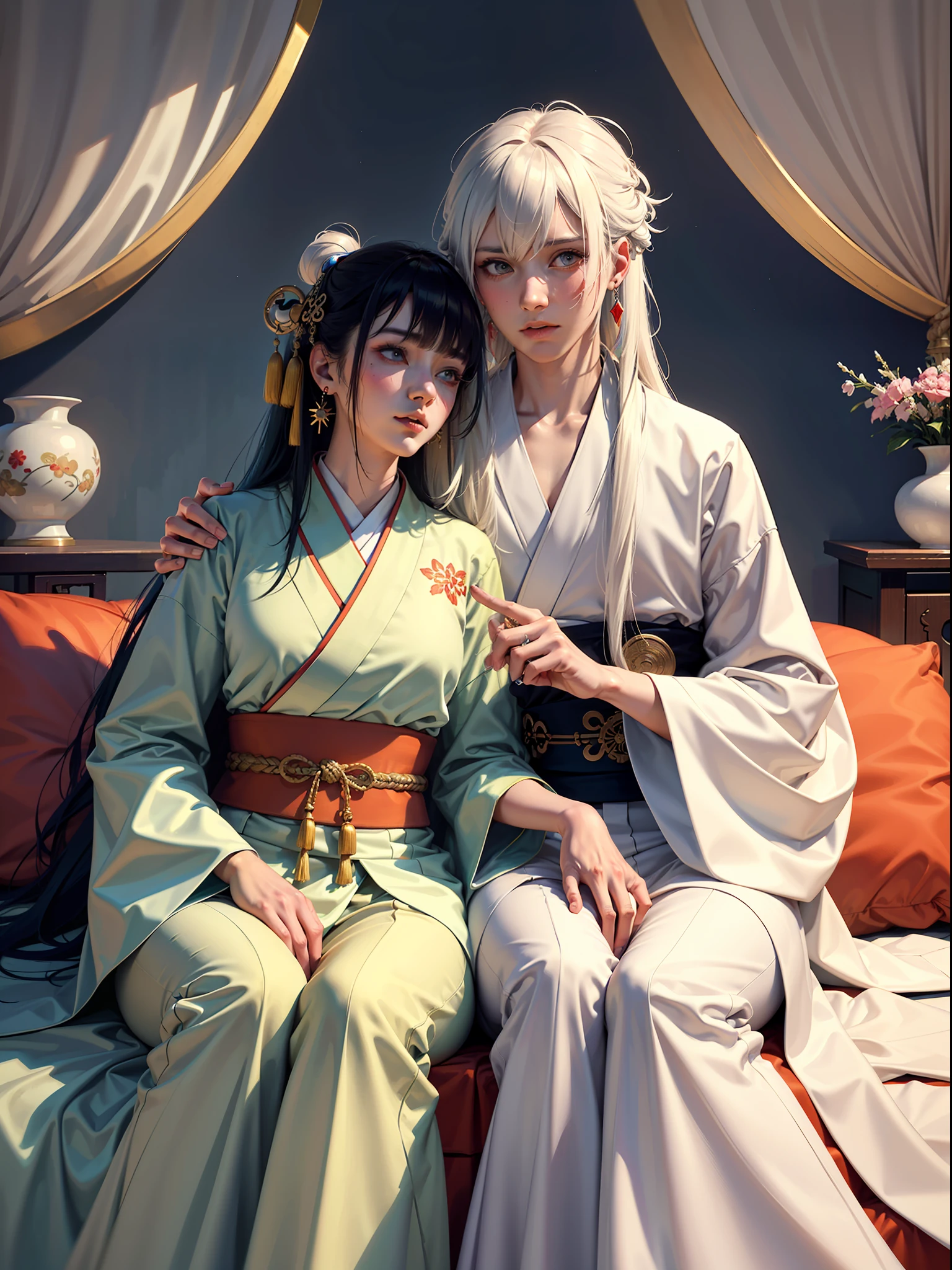 Concept Art, "1 Couple, Male Focus, Fin Ears, Multicolored Hair, Handsome Boy, Long White Hair, Tassels, Bangs, Carp, Colorful, Bold Colors, White Kimono, (Open) Kimono, Traditional Chinese Clothing, Close-up, Intimate Interaction in Bed, Stud Earrings, Rings, Sweat, Illuminate People", Colorful, Master Composition, Focus on Key Figures, Realism, Masterpiece, Award-Standing, Best Quality, Masterpiece, Ultra Detailed, 8K, Extremely Detailed CG Unity 8k wallpaper, complex, highly detailedrealistic