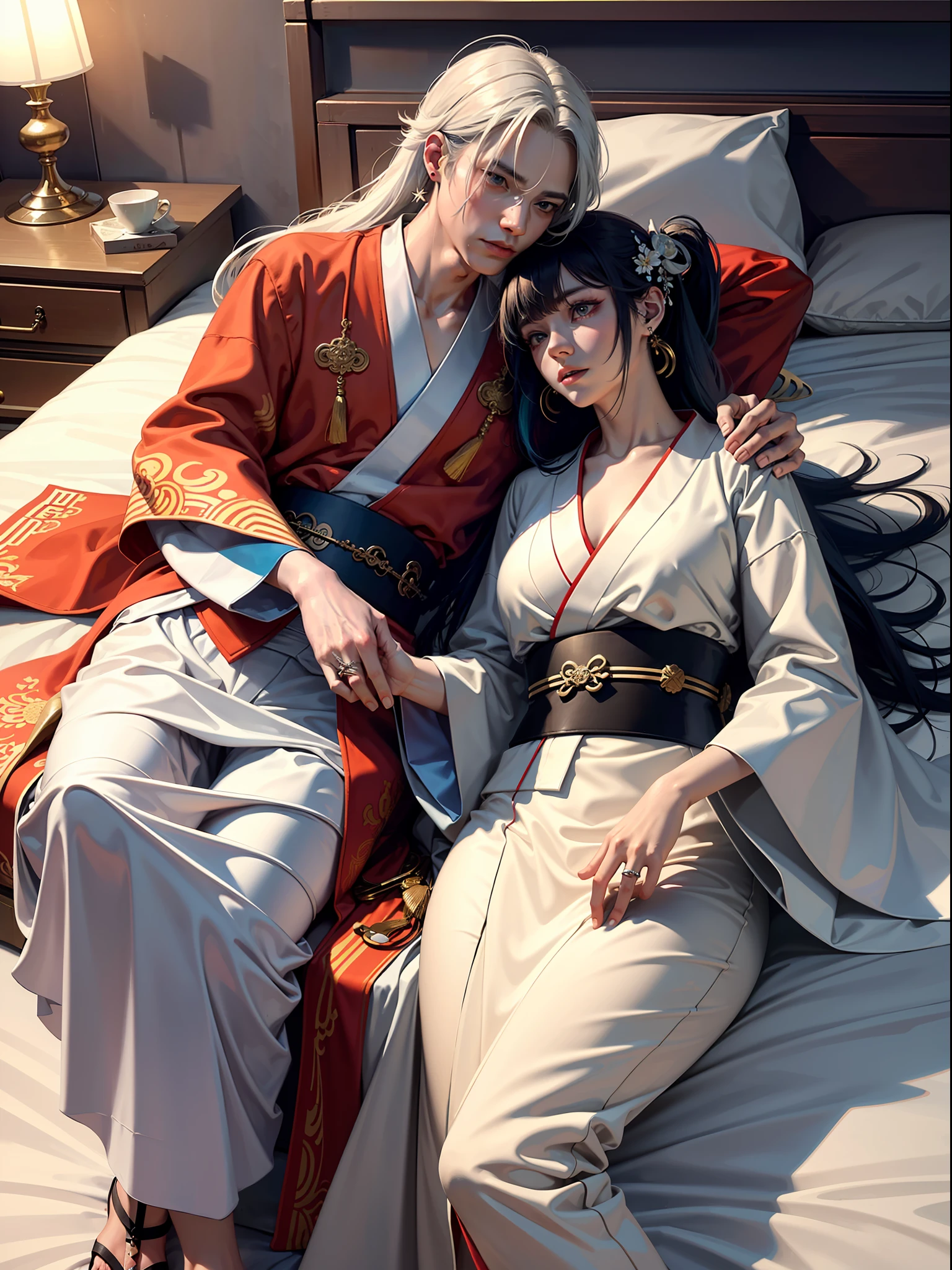 Concept Art, "1 Couple, Male Focus, Fin Ears, Multicolored Hair, Handsome Boy, Long White Hair, Tassels, Bangs, Carp, Colorful, Bold Colors, White Kimono, (Open) Kimono, Traditional Chinese Clothing, Close-up, Intimate Interaction in Bed, Stud Earrings, Rings, Sweat, Illuminate People", Colorful, Master Composition, Focus on Key Figures, Realism, Masterpiece, Award-Standing, Best Quality, Masterpiece, Ultra Detailed, 8K, Extremely Detailed CG Unity 8k wallpaper, complex, highly detailedrealistic