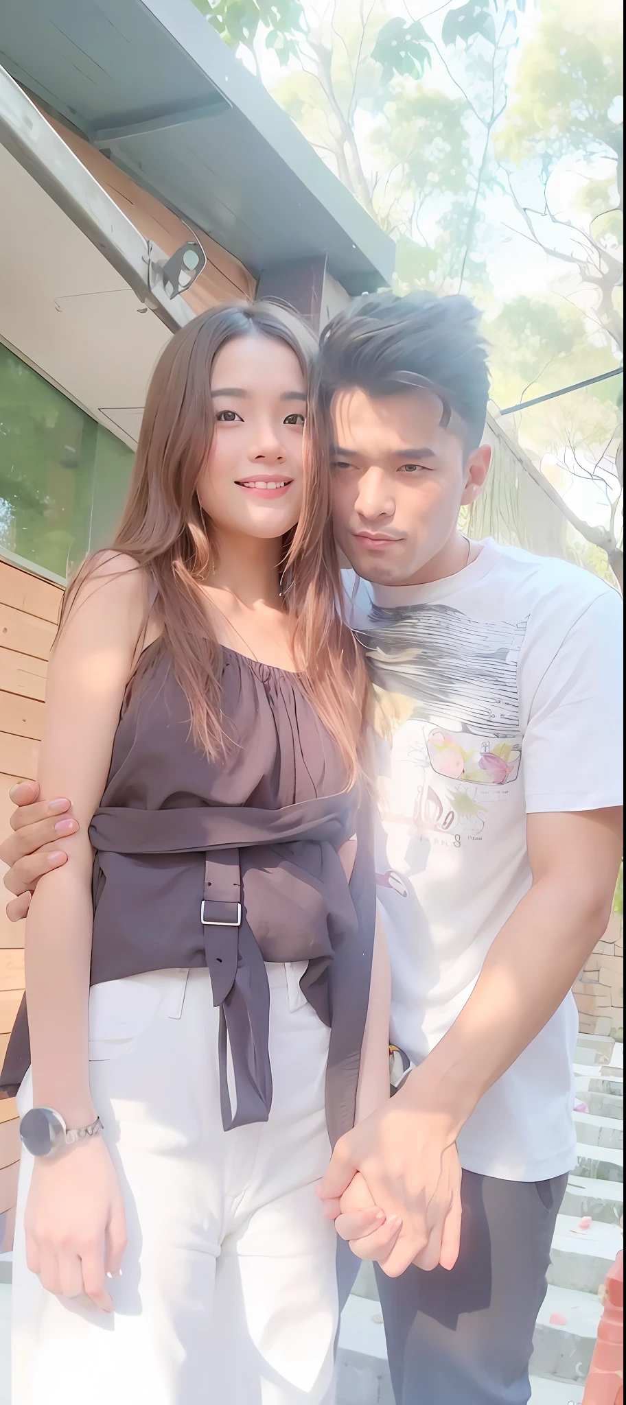 they are holding hands and posing for a picture outside, lovely couple, couple, couple pose, with her long, very very low quality picture, photo taken in 2 0 2 0, very low quality, very very low quality, dang my linh, happy couple, nivanh chanthara, scandy and arender Perfect restoration, Face details, dress restoration, best quality, Rich details, masterpiece, 8k, raw