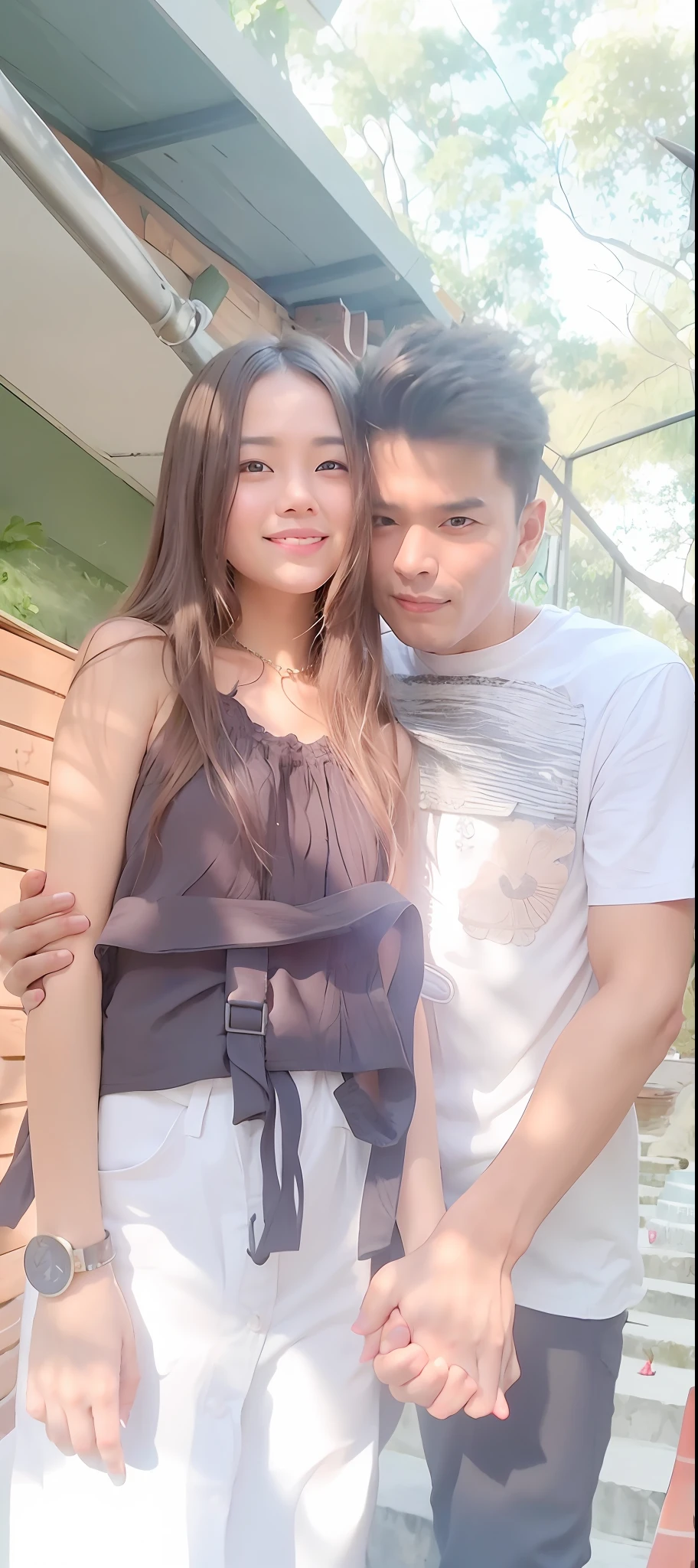 they are holding hands and posing for a picture outside, lovely couple, couple, couple pose, with her long, very very low quality picture, photo taken in 2 0 2 0, very low quality, very very low quality, dang my linh, happy couple, nivanh chanthara, scandy and arender Perfect restoration, Face details, dress restoration, best quality, Rich details, masterpiece, 8k, raw