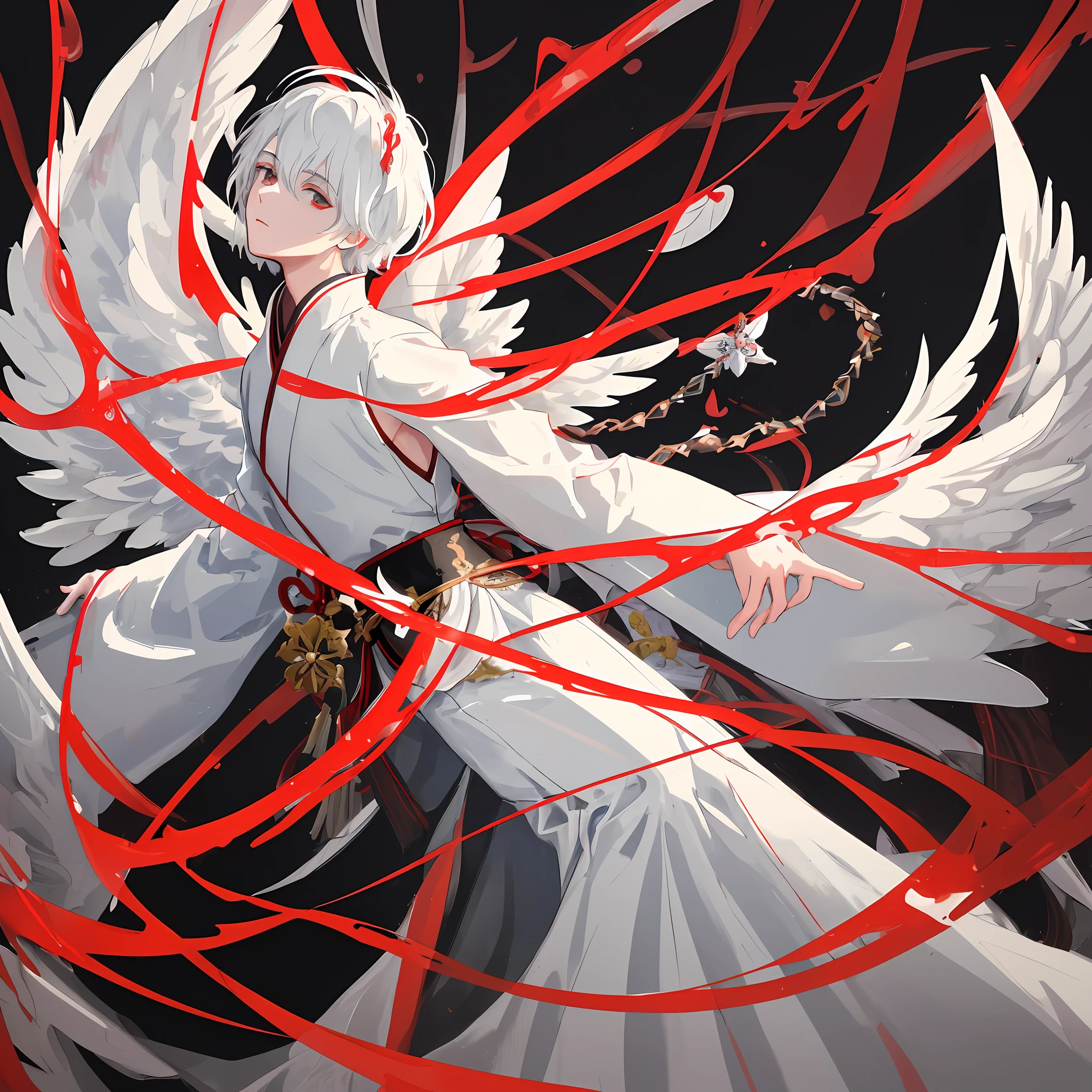 ((masterpiece)), ((best quality)), ((ultra-detailed)), illustration, a young man with short white hair and black eyes dressed as an angel, wearing a white hanfu with black and red trim and facing straight towards the viewer. The background is a fantasy composition of a set of giant white angel wings sprouting from his back