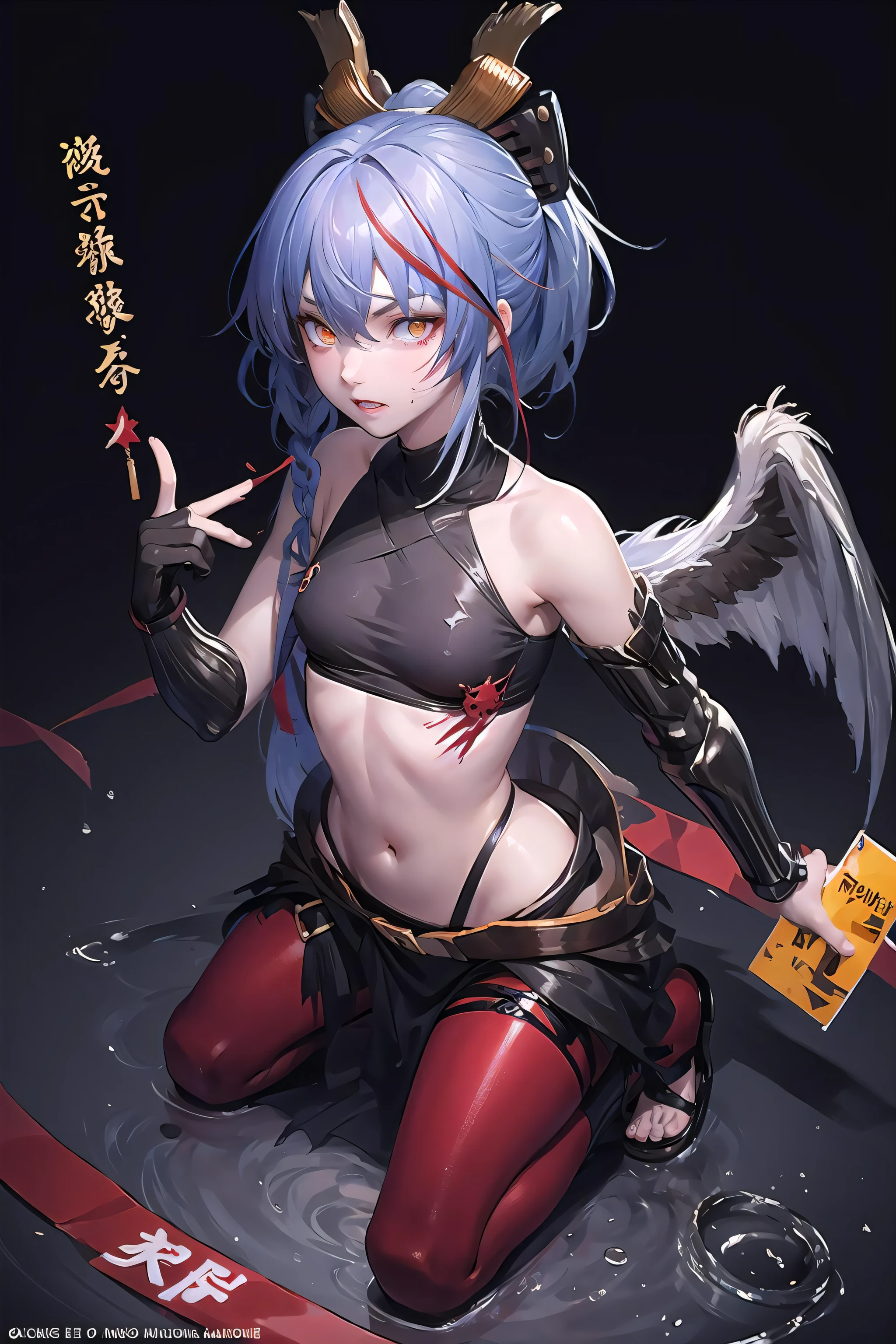 origin, 1girl, solo, long hair, breasts, looking at viewer, sandals, red pantyhose,armor,gloves, shoulder armor, black gloves1girl,excellent lighting, sidelighting,(curvy:1.2),(Highest picture quality), (Master's work), (Detailed eye description), (8K wallpaper),(Detailed face description),(flat color:1.3),(magazine_cover:1.4),(multicolored_background:1.3),striped_background,card_background,mixed-language_text,dvd_cover,cover page,looking at viewer,full body, industrial_pipe,rust,(warning sign:1.2), (caution tape:1.3), (expressionless),midriff,beautiful detailed collarbone,
((masterpiece)), (((best quality))),((beautiful detailed eyes)),(eyelash),1 girl,Shiny skin,oil,small breast,short hair,white hair,Dark eyes,Bloody Scar,Fallen Angel,Satan,Demon God,blood eyes,Bloody Body,extremely detailed CG unity 8k wallpaper,masterpiece, ((ultra-detailed)), ((illustration)),colorful,wallpaper,despair,Crying Dead,Rotten Corpses,Unknown terror,death,Pride,Wrath,Sloth,Greed,Envy,Gluttony,Lust,Wings of Six Fallen Angels,Unspeakable terror,black sun,black hole,Antireligious,cross,Do not touch,serious
,((best quality)),(((((masterpiece))))),Amazing,extremely detailed CG unity 8K wallpaper,highly detailed, finely detail,ultra detailed,(((doujinshi))),artbook,shining ,Delicate face,beautiful detailed sky,cinematic lighting,cinematic shadow,dramatic angle,depth of field,lens_flare,light_rays,light_particles