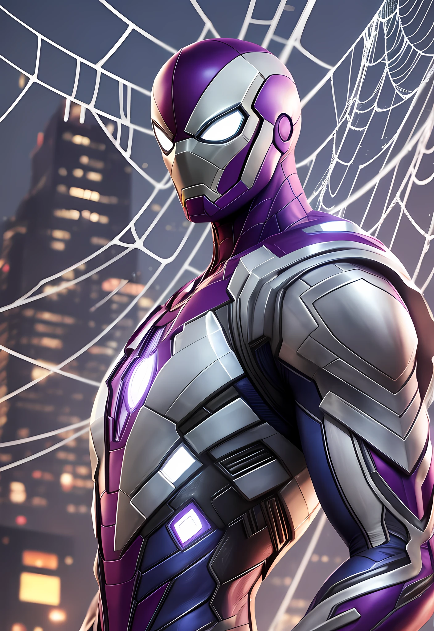 Best quality in 8k resolution, ultra-detailed Spider-Man images dressed in futuristic white and purple suit fused with Iron Man suit with metal mesh background. The focus is on detail, texture and light and shadow effects on the suit. Add a cyberpunk touch to the composition. The metaphor of a metal spider web in the background will add a stunning effect to the final image." --auto --s2