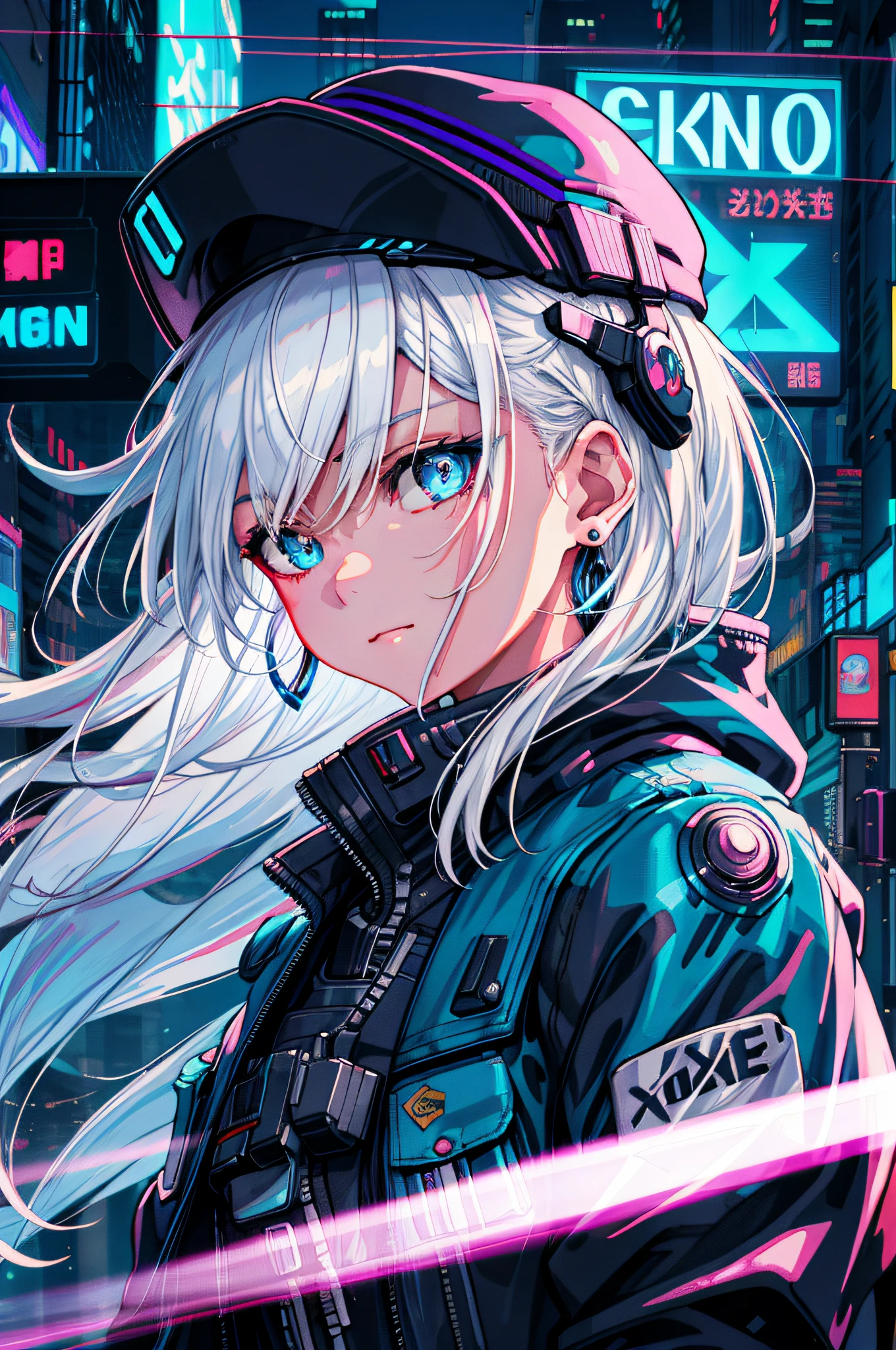 1 girl, solo, colorful, blue eyes, cyberpunk, cityscape, moon background, peace sign, earrings, white hair, hat, neon sign, beautiful lights, character focus, CG illustration, bust shot, white color jacket, 8k resolution, very detailed, anatomically correct, digital painting, concept art, clear picture,