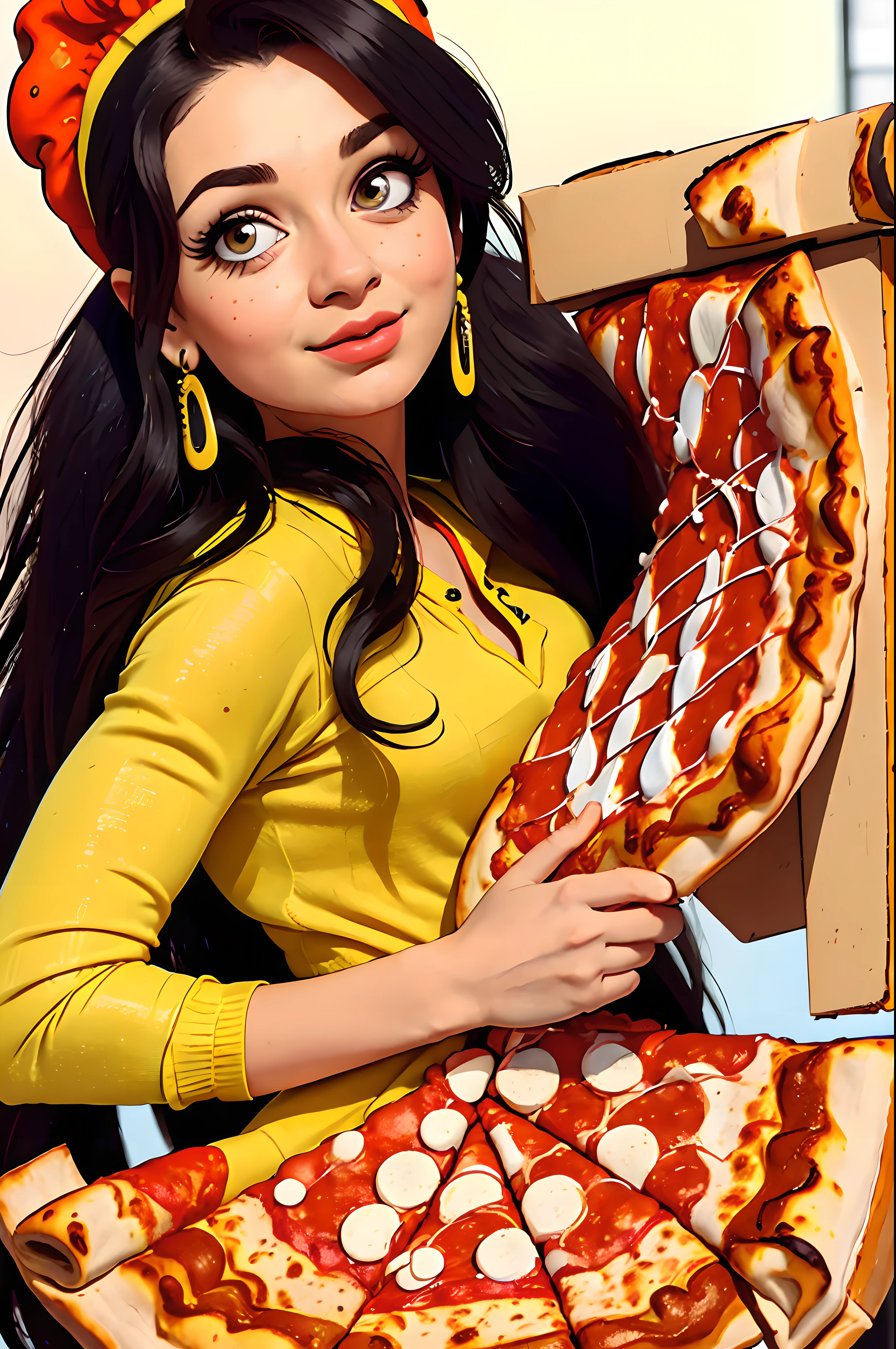 (masterpiece), (best quality), HDR, intricate detail, 1girl, individual focus, woman, light brunette white skin, skindentation, perfect face, gorgeous face, big eyes, orange eyes, perfect eyes, eyelashes, black hair absurdly long high ponytail, (((pizza dress))), pizza box, employee badge, orange shirt with light blue, (((pizza delivery outfit)), hair ornament,  Earrings