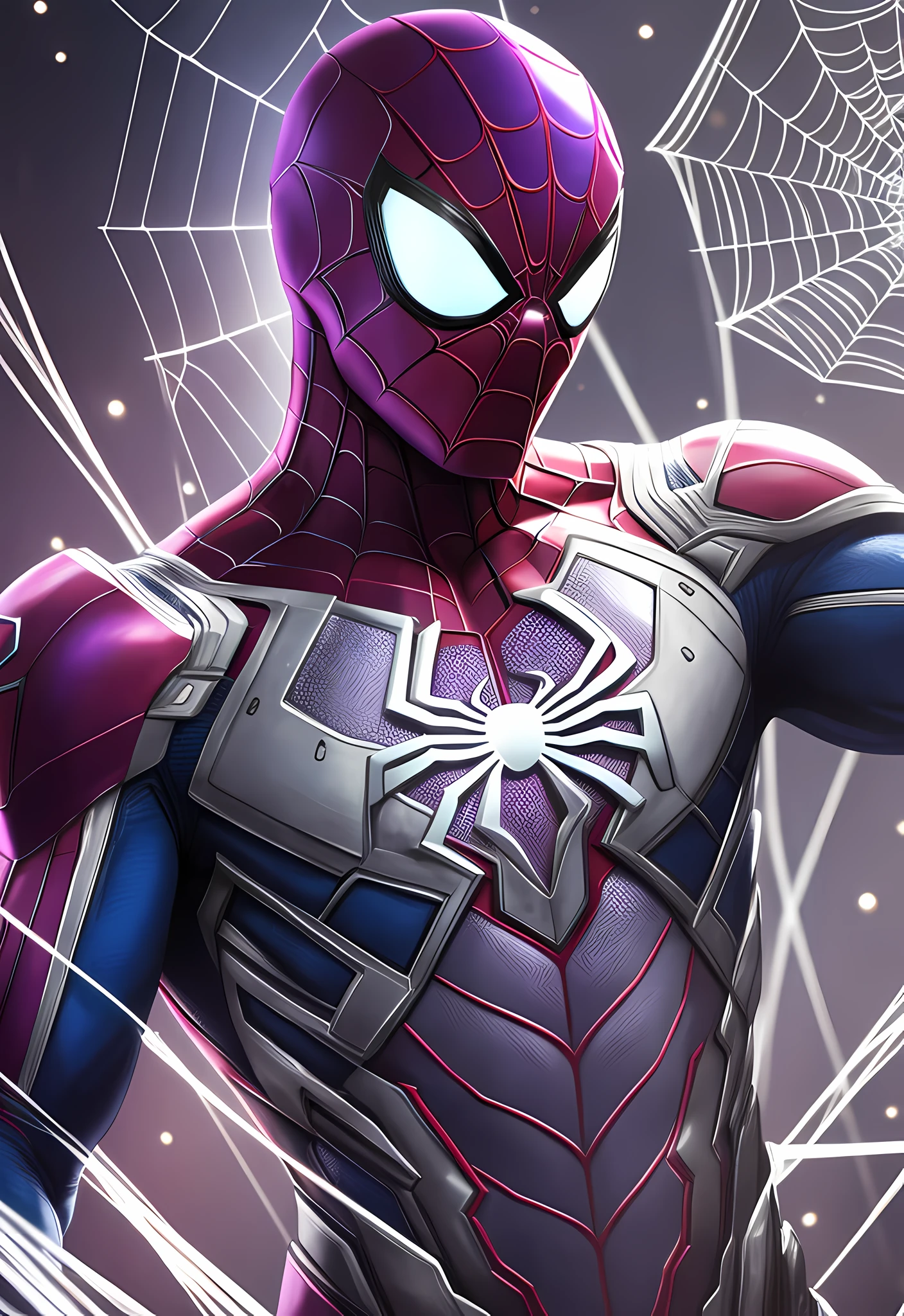 Best quality in 8k resolution, ultra-detailed Spider-Man images dressed in futuristic white and purple suit fused with Iron Man suit with metal mesh background. The focus is on detail, texture and light and shadow effects on the suit. Add a cyberpunk touch to the composition. The metaphor of a metal spider web in the background will add a stunning effect to the final image." --auto --s2
