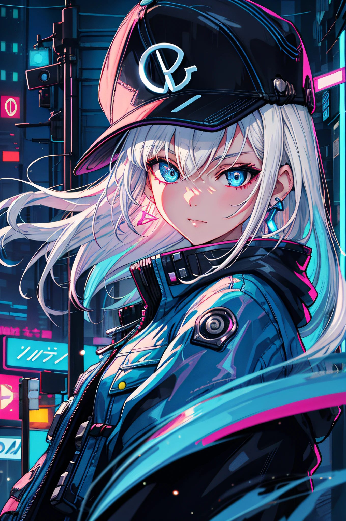 1 girl, solo, colorful, blue eyes, cyberpunk, cityscape, moon background, peace sign, earrings, white hair, hat, neon sign, beautiful lights, character focus, CG illustration, bust shot, white color jacket, 8k resolution, very detailed, anatomically correct, digital painting, concept art, clear picture,