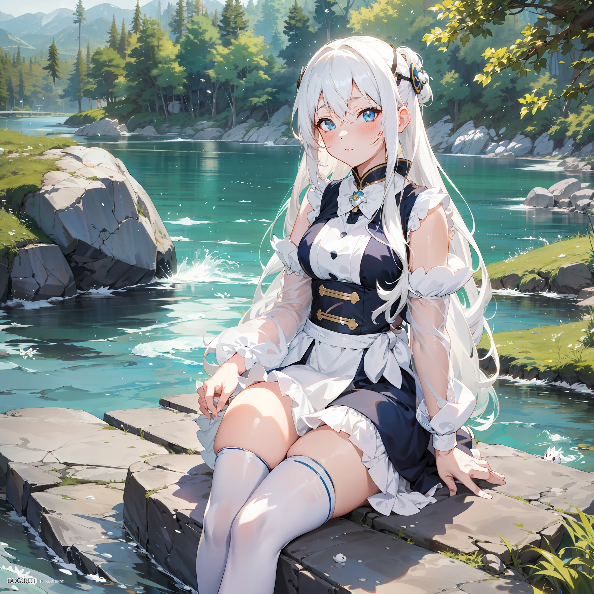 anime girl sitting on a rock by a river with a white rabbit, guweiz on artstation pixiv, guweiz on pixiv artstation, perfect white haired girl, best anime 4k konachan wallpaper, girl with white hair, splash art anime loli, anime girl in a maid costume, beautiful anime girl, cute anime waifu in a nice dress
